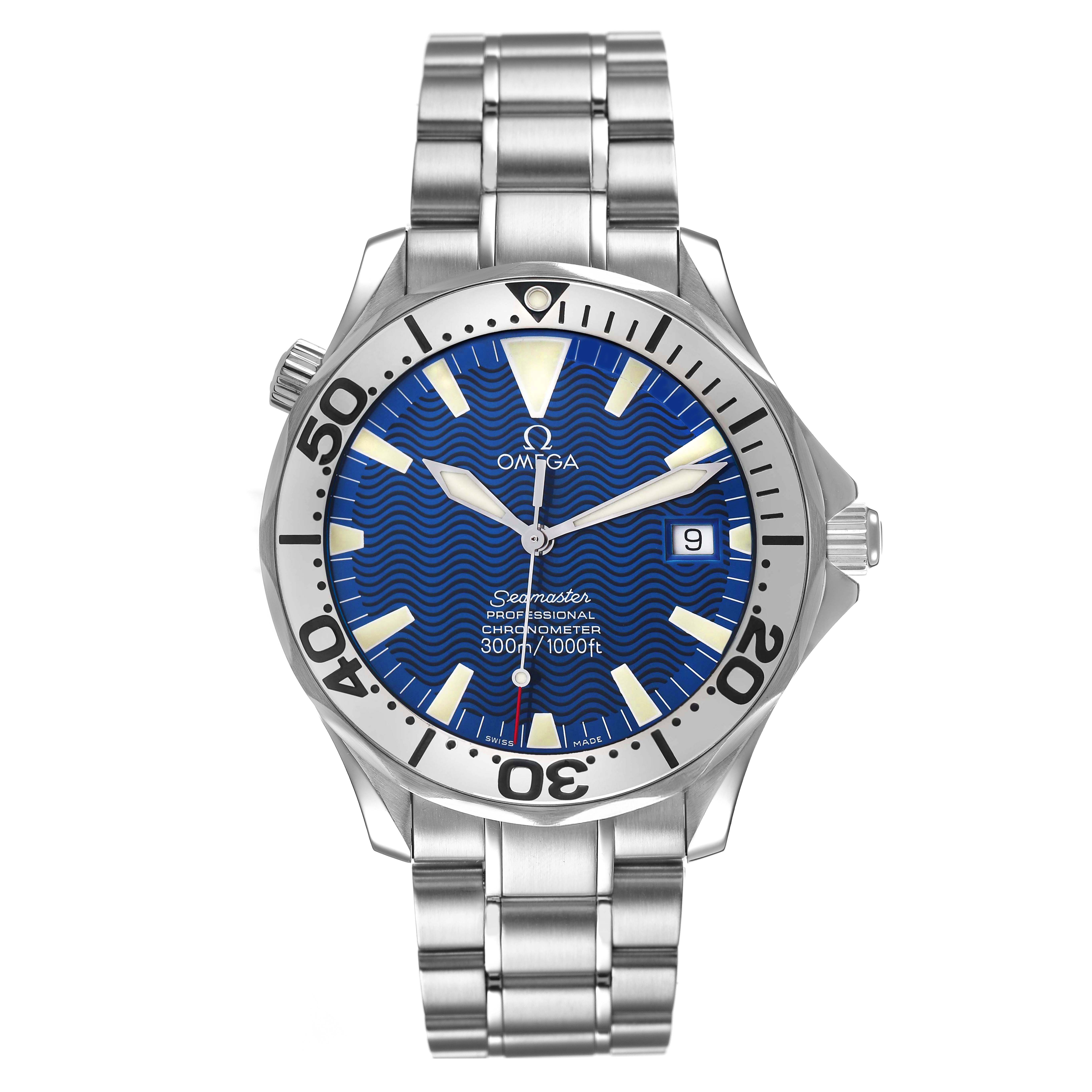The Omega Seamaster 2255.80.00 Men's Stainless Steel Blue Dial watch is shown from a front angle displaying its dial, bezel, crown, date window, and bracelet.