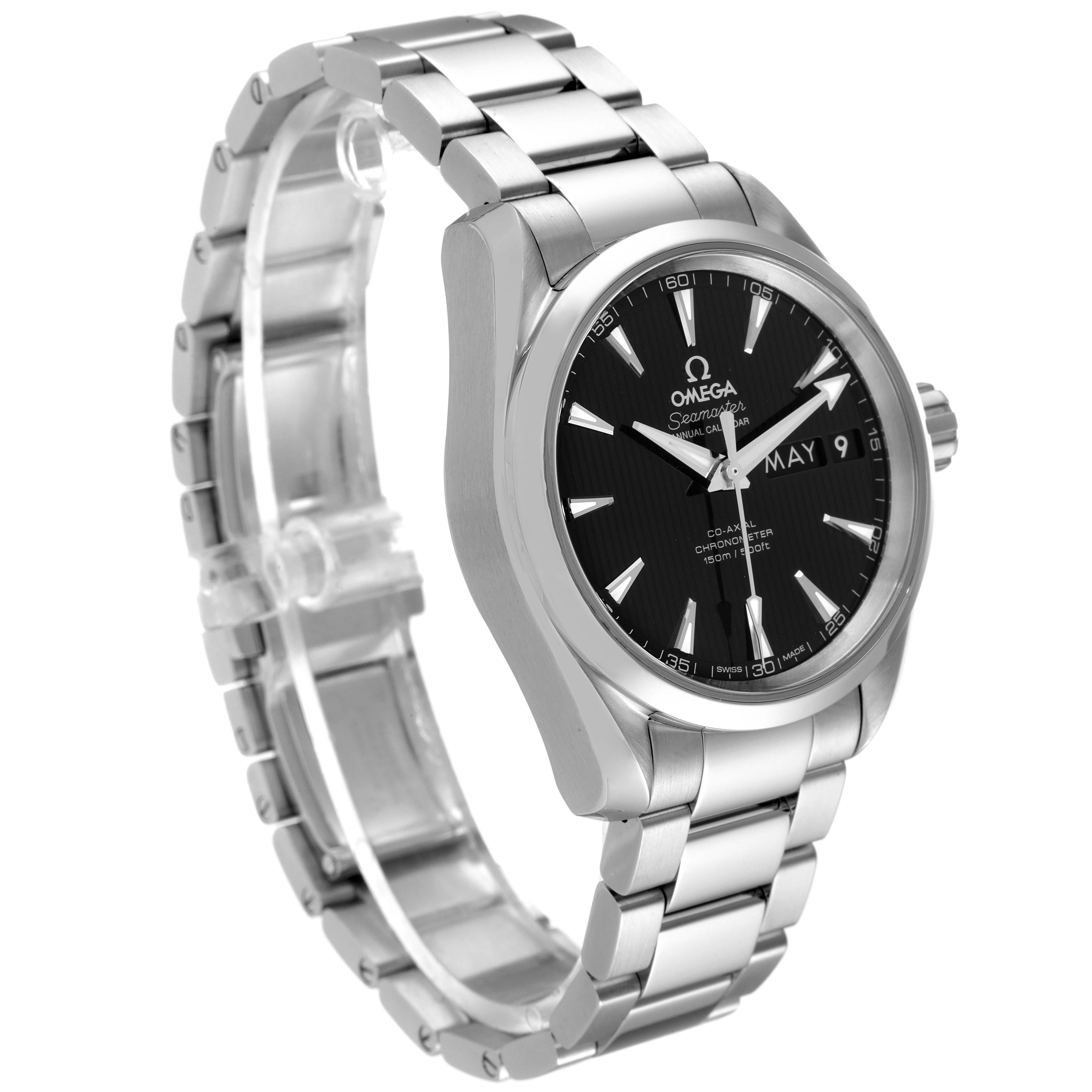 The Omega Aqua Terra 231.10.39.22.01.001 Men's Stainless Steel Black Dial 231.10.39.22.01.001 Men's Stainless Steel Black Dial watch is shown at a three-quarter angle, displaying its face, bezel, and stainless steel bracelet.