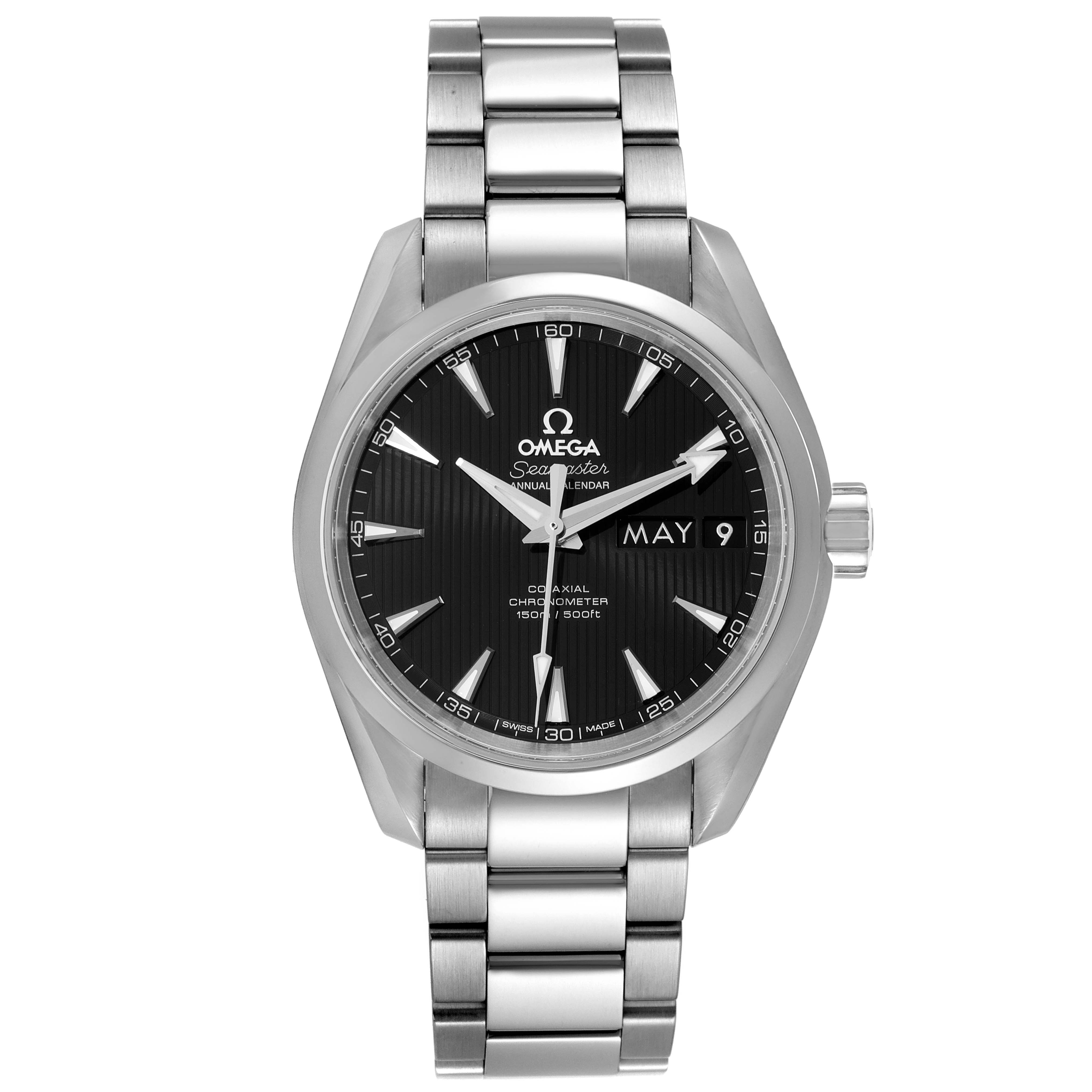 The image shows a front view of the Omega Aqua Terra 231.10.39.22.01.001 Men's Stainless Steel Black Dial 231.10.39.22.01.001 Men's Stainless Steel Black Dial Seamaster watch, highlighting its face and metal bracelet.