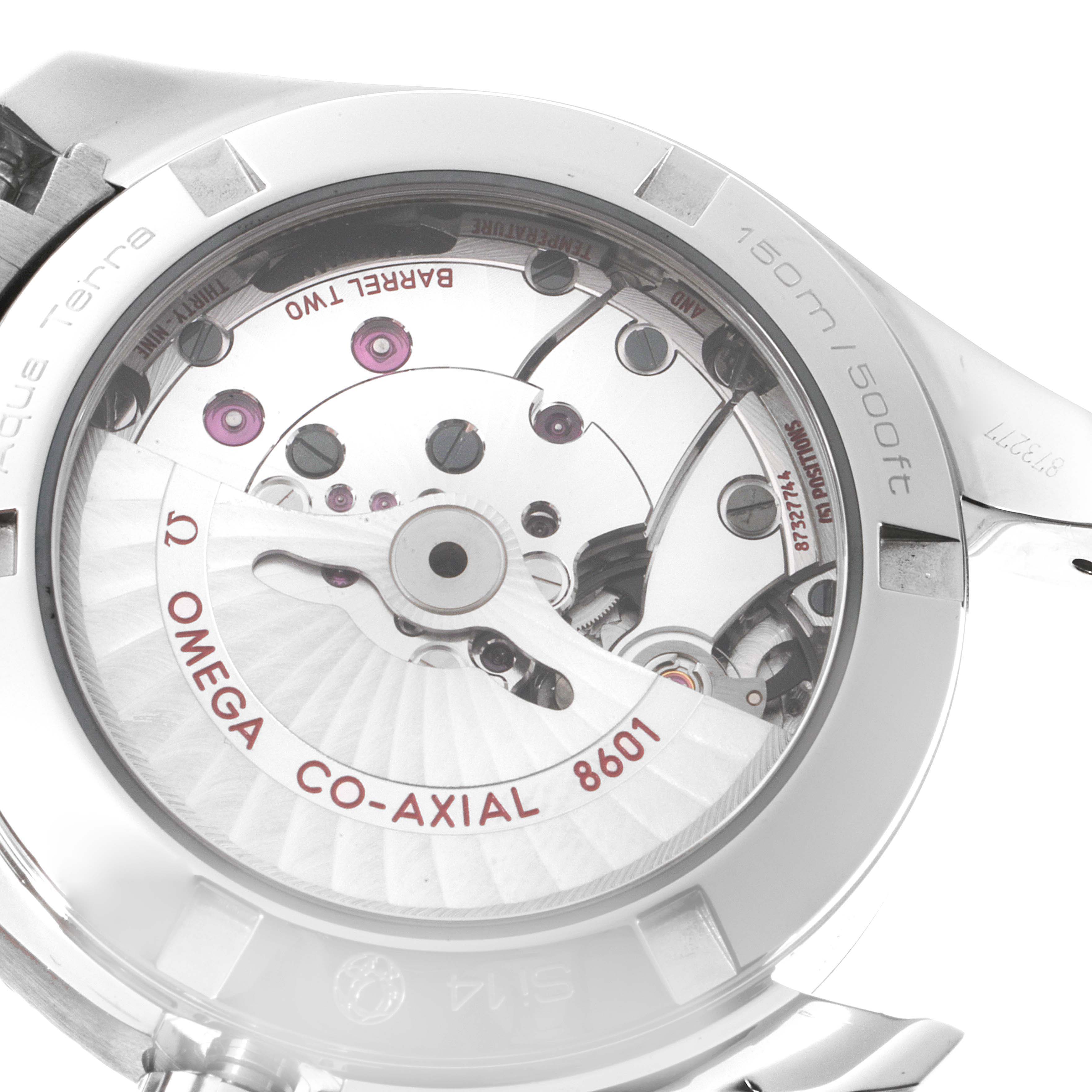 This image shows the back case and inner mechanism of the Omega Aqua Terra 231.10.39.22.01.001 Men's Stainless Steel Black Dial 231.10.39.22.01.001 Men's Stainless Steel Black Dial Co-Axial 8601 watch from a close-up angle.