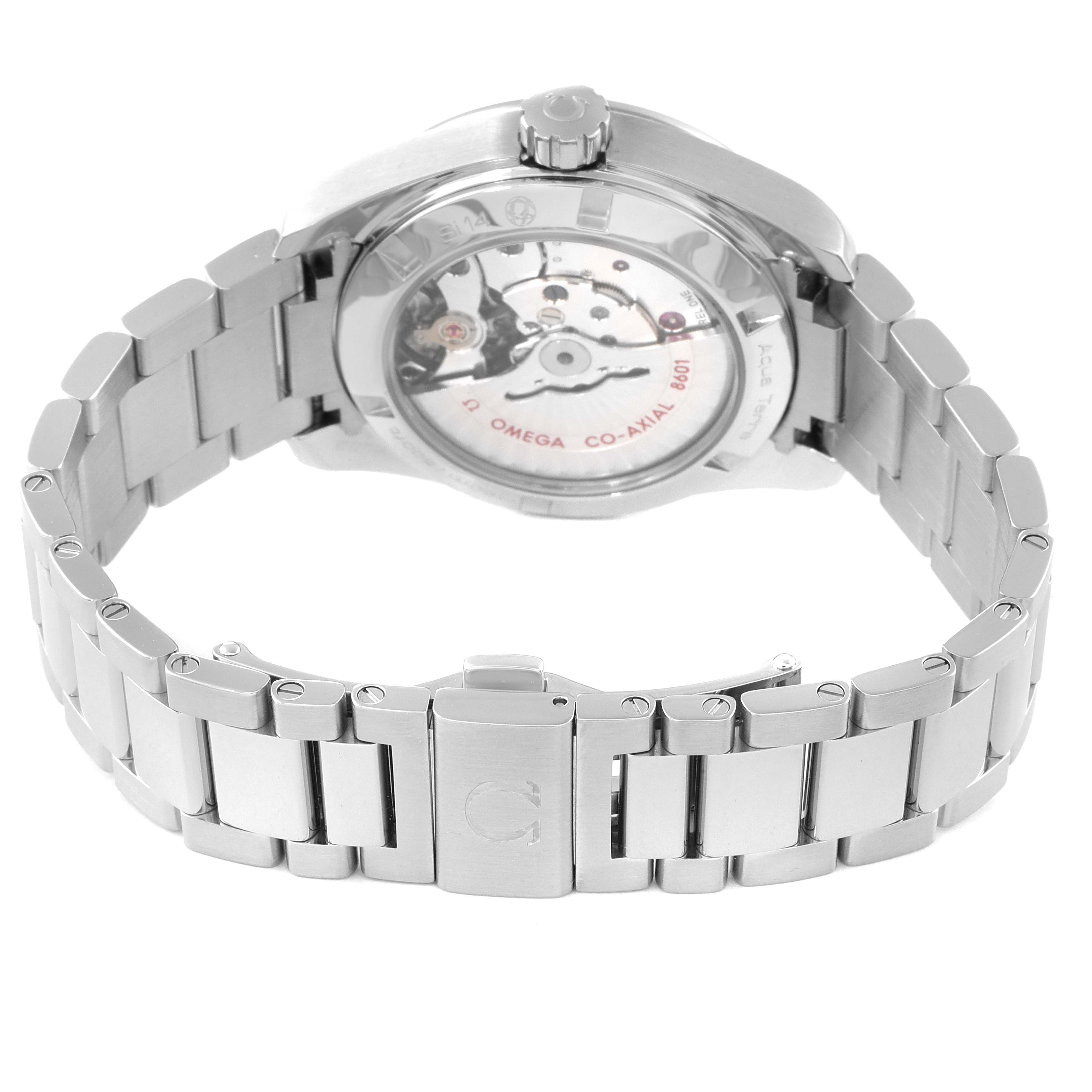 This image shows the back view of the Omega Aqua Terra 231.10.39.22.01.001 Men's Stainless Steel Black Dial 231.10.39.22.01.001 Men's Stainless Steel Black Dial watch, highlighting the movement and bracelet.