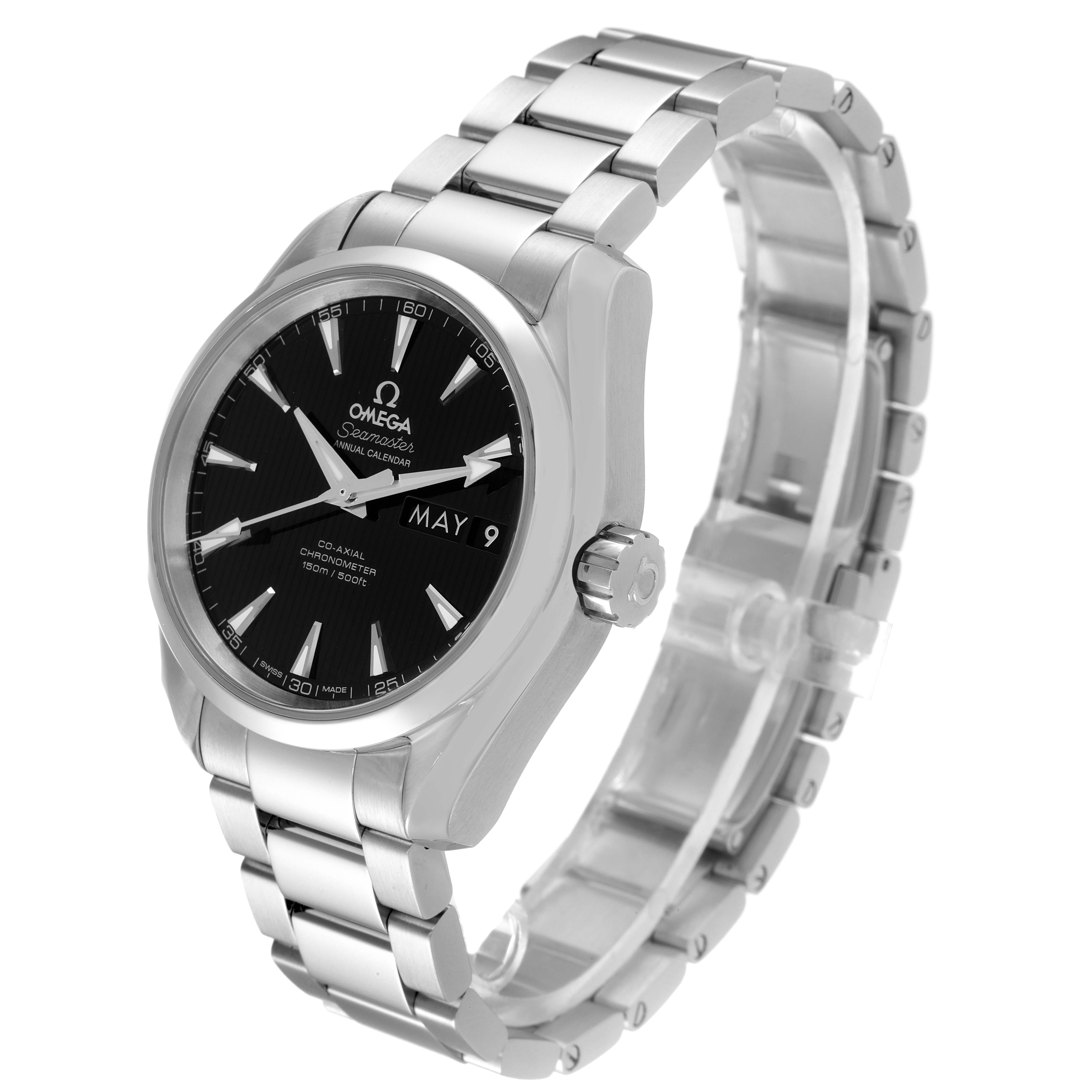 The image shows the Omega Aqua Terra 231.10.39.22.01.001 Men's Stainless Steel Black Dial 231.10.39.22.01.001 Men's Stainless Steel Black Dial model watch from a front-side angle, highlighting the face, crown, and bracelet.