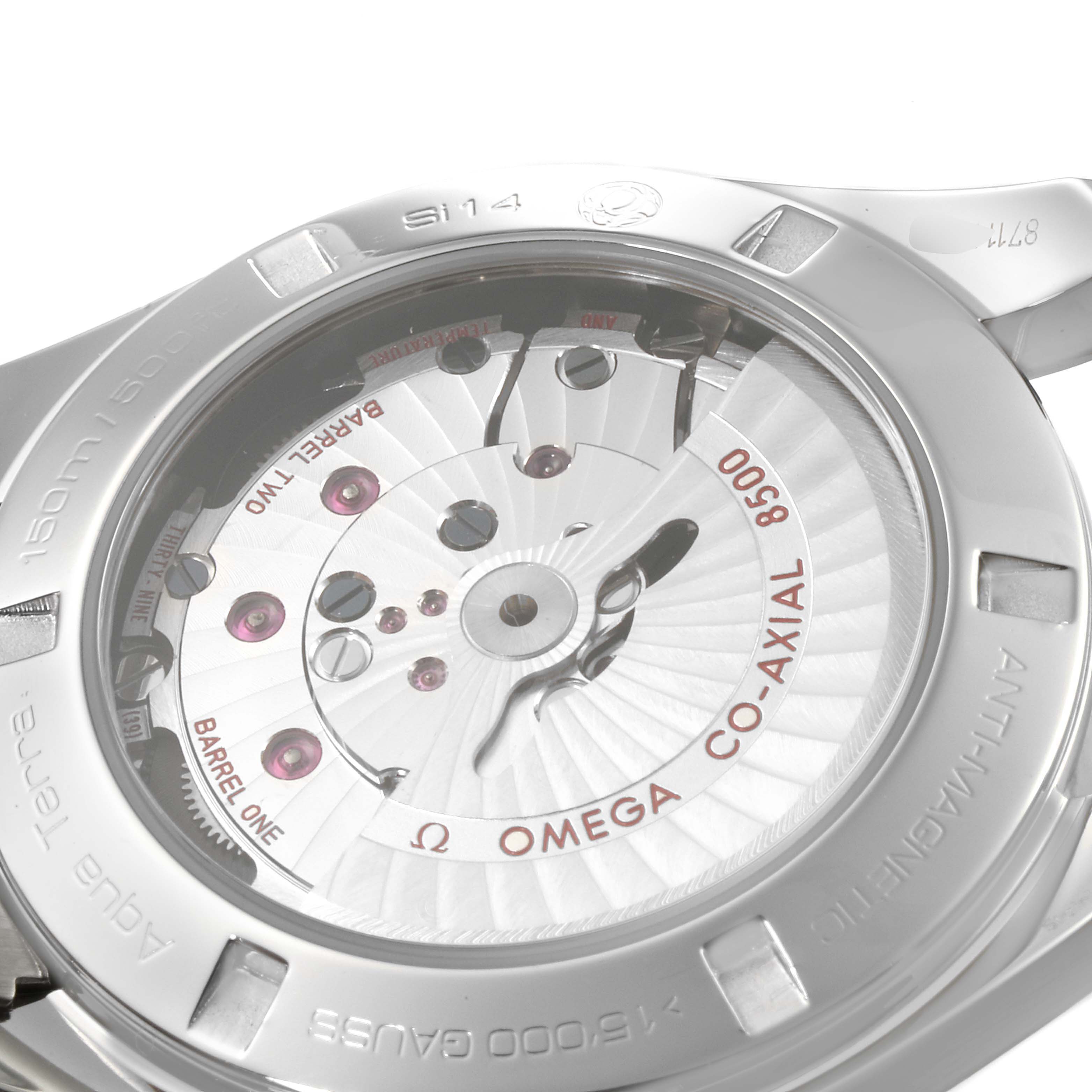 This image shows the back casing of an Omega Aqua Terra 231.10.42.21.01.003 Men's Stainless Steel Black Dial 231.10.42.21.01.003 Men's Stainless Steel Black Dial watch, exposing its Co-Axial 8500 movement.