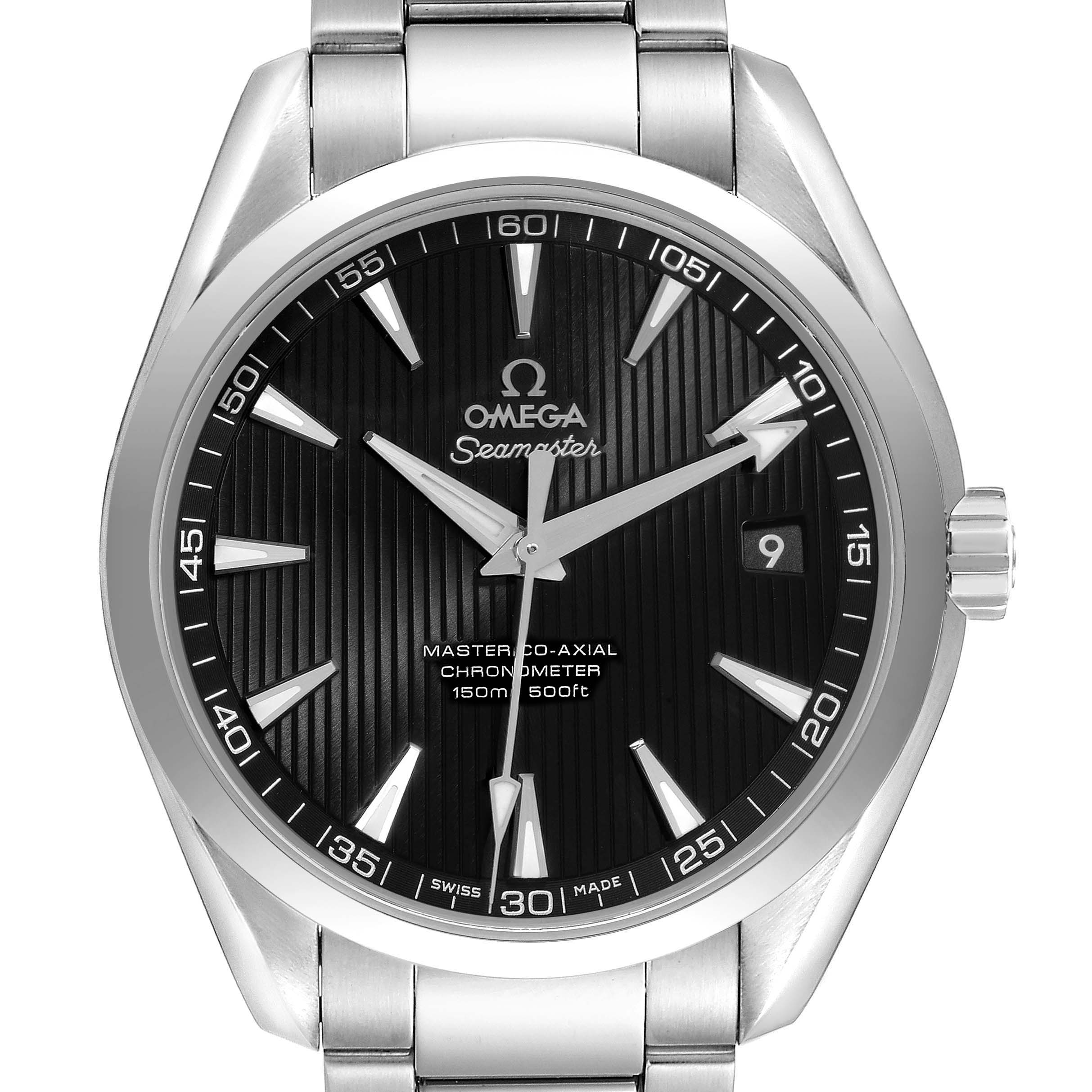 The Omega Aqua Terra 231.10.42.21.01.003 Men's Stainless Steel Black Dial 231.10.42.21.01.003 Men's Stainless Steel Black Dial watch is shown from a top-down angle, displaying the face, bezel, crown, and part of the bracelet.