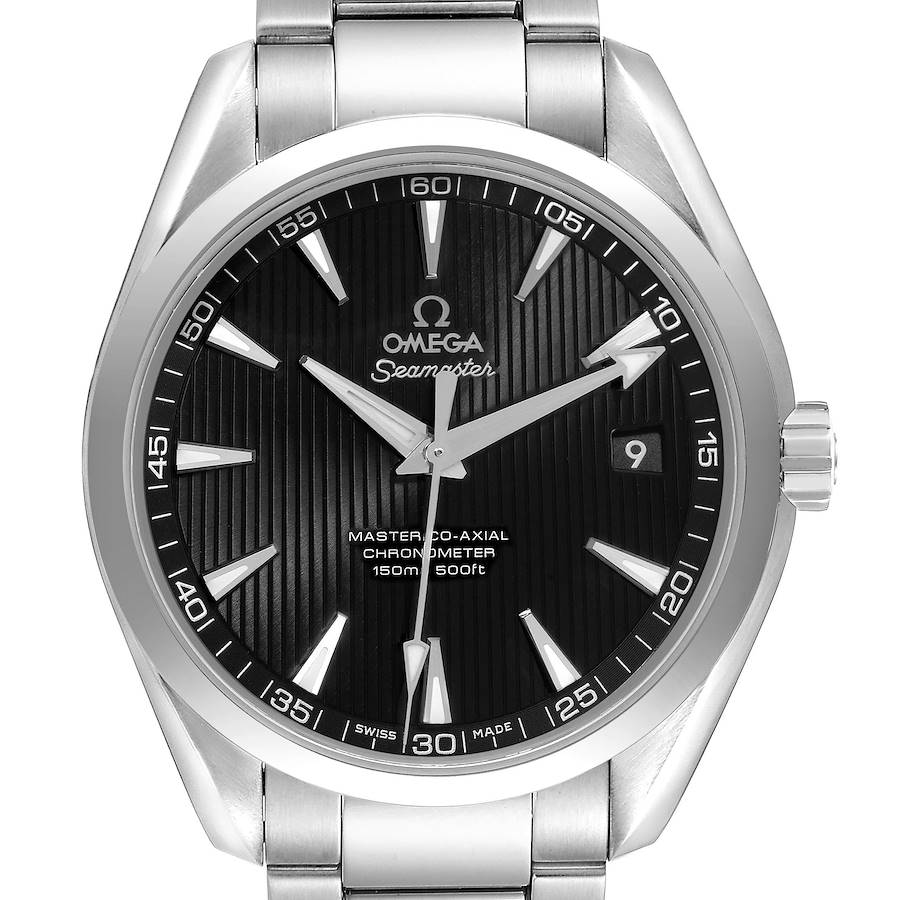 The Omega Aqua Terra 231.10.42.21.01.003 Men
s Stainless Steel Black Dial 231.10.42.21.01.003 Men
s Stainless Steel Black Dial watch is shown from a top-down angle, displaying the face, bezel, crown, and part of the bracelet.