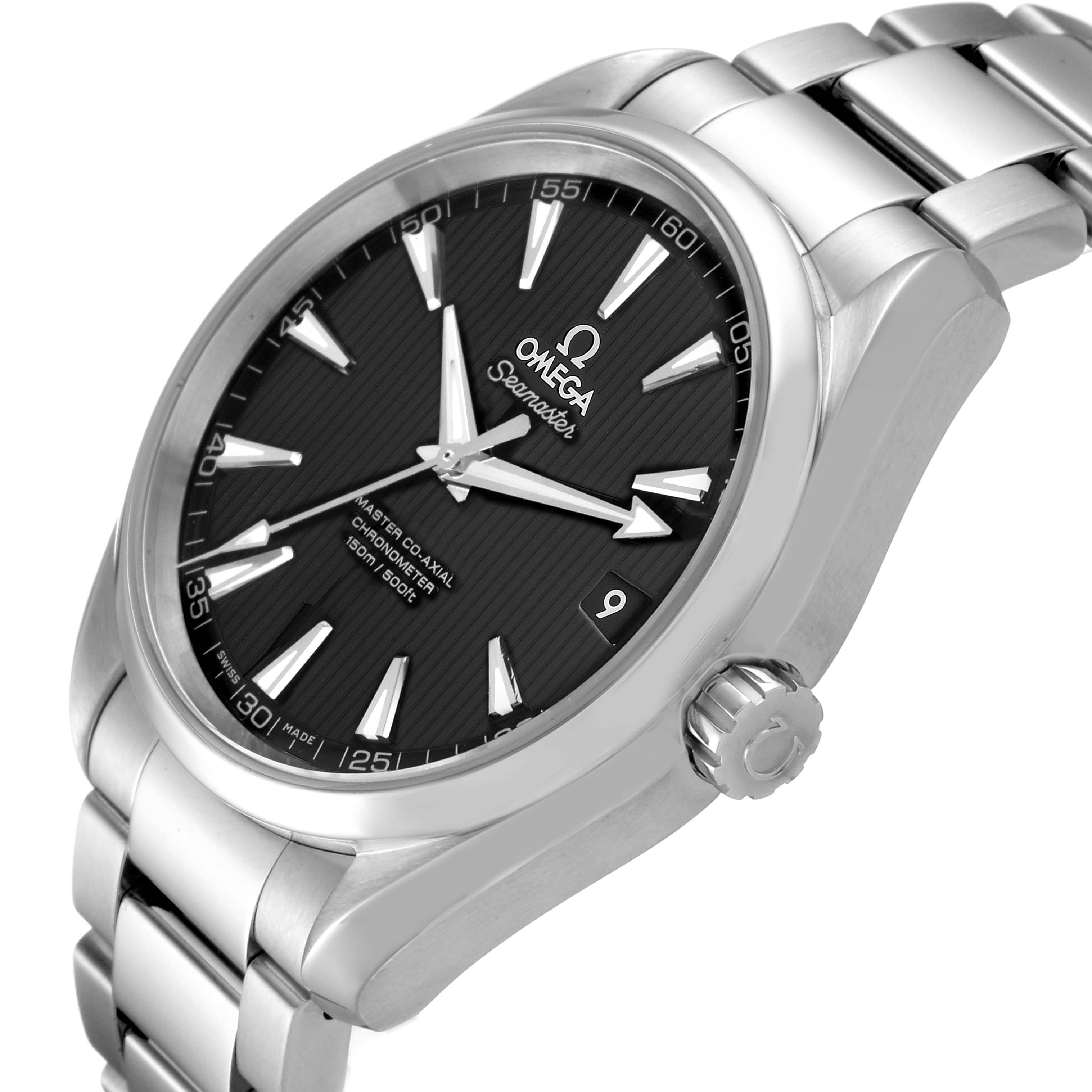 This image shows an Omega Seamaster Aqua Terra watch at an angled side view, highlighting the face, bezel, crown, and bracelet.