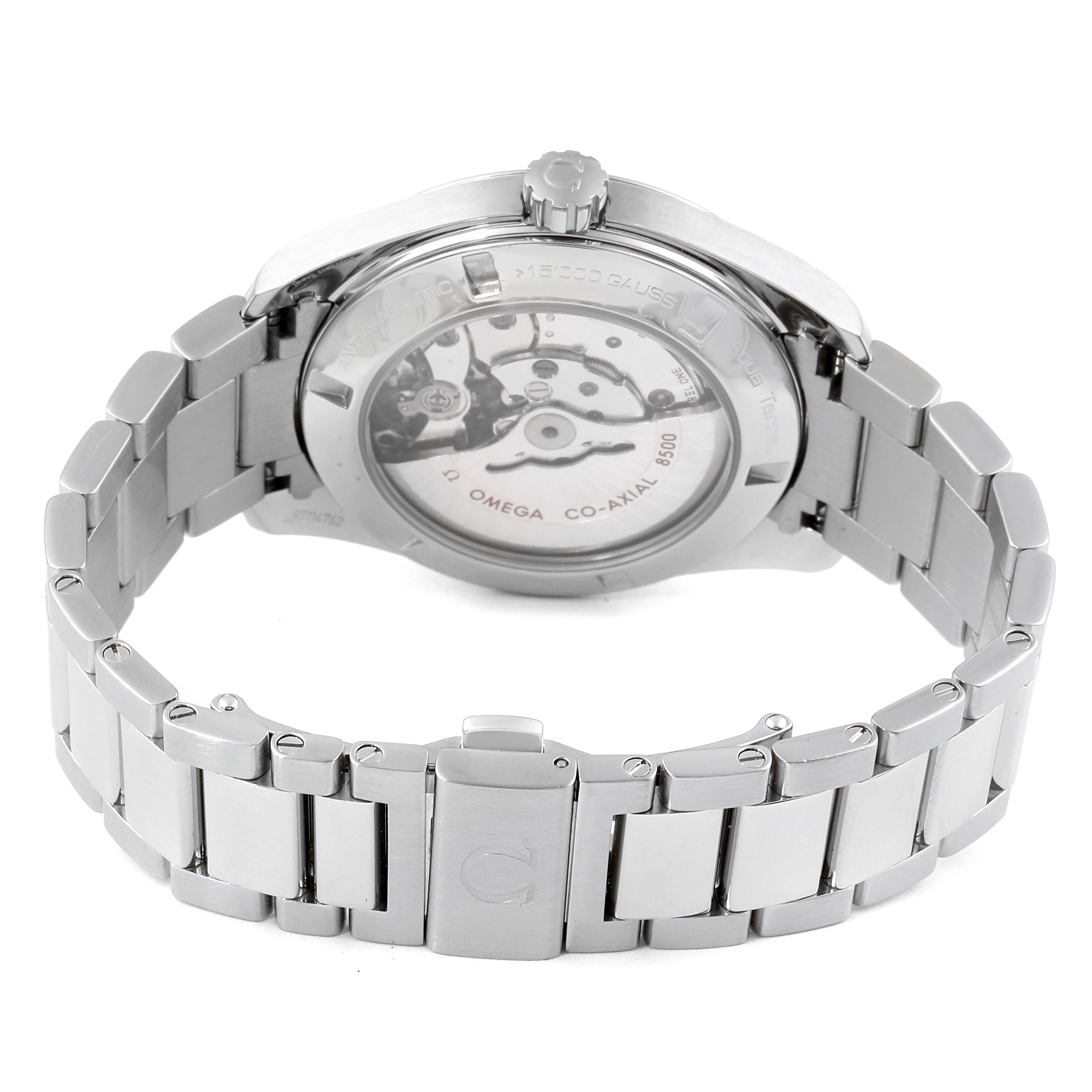 The image shows the back view of an Omega Aqua Terra 231.10.42.21.01.003 Men's Stainless Steel Black Dial 231.10.42.21.01.003 Men's Stainless Steel Black Dial watch, highlighting its stainless steel bracelet and transparent case back.