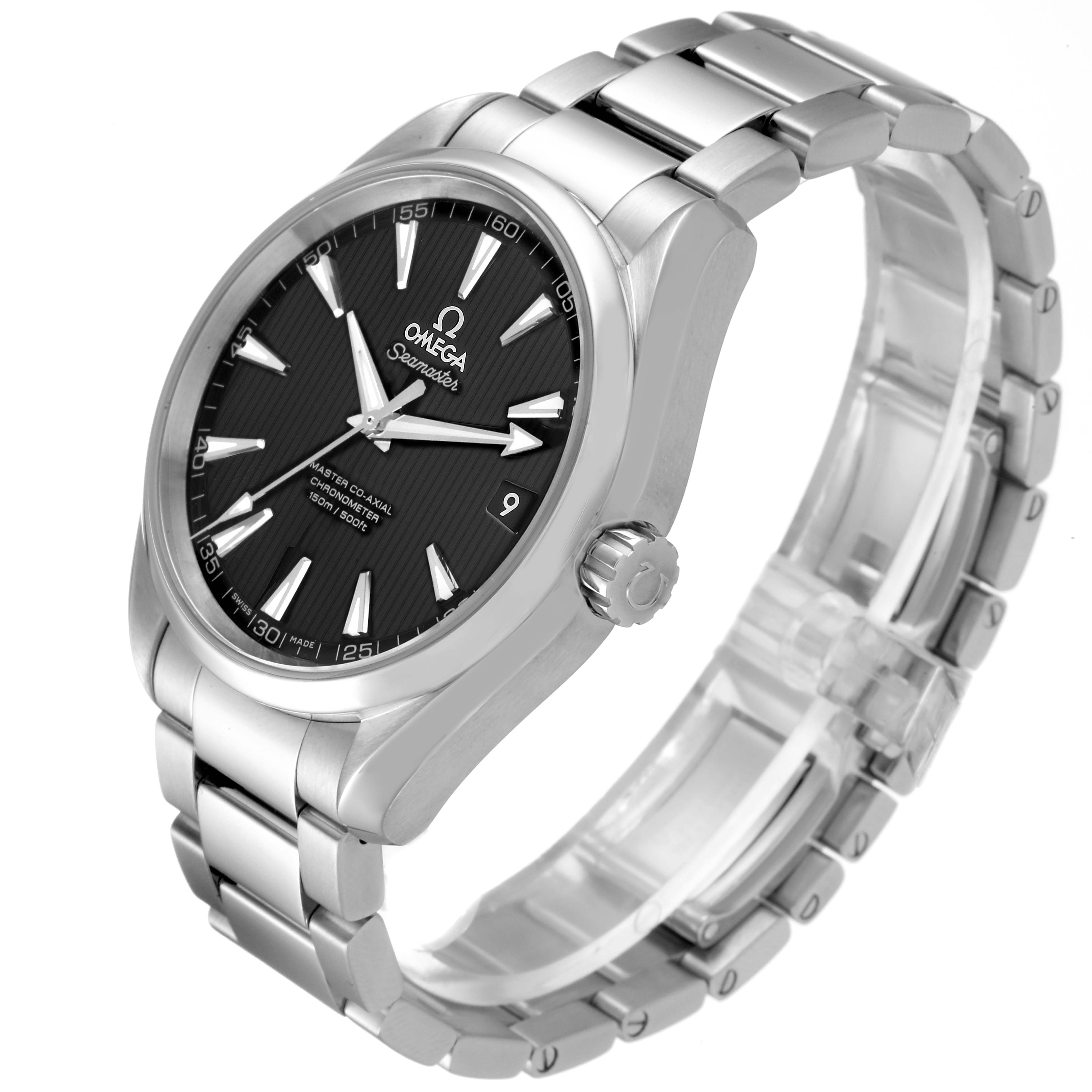 The image shows an Omega Aqua Terra 231.10.42.21.01.003 Men's Stainless Steel Black Dial 231.10.42.21.01.003 Men's Stainless Steel Black Dial watch at a three-quarter angle, detailing the dial, crown, and metal bracelet.