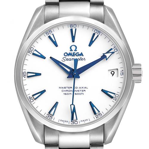 The Omega Aqua Terra 231.90.39.21.04.001 Men's Titanium White Dial watch is shown from a front view, highlighting the dial, hour markers, hands, and date window.