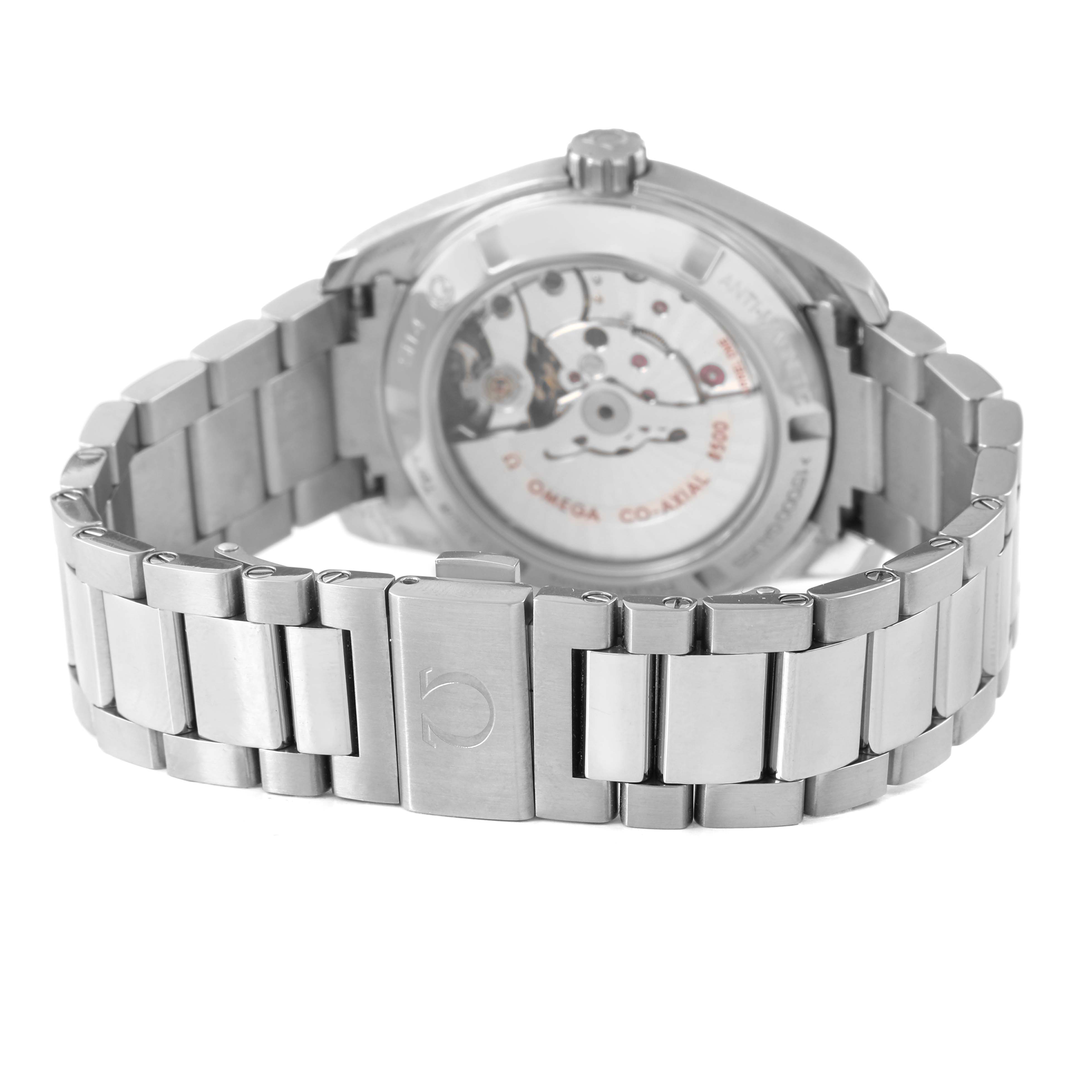 The Omega Aqua Terra 231.90.39.21.04.001 Men's Titanium White Dial watch is shown from the back, highlighting the case back, movement, and stainless steel bracelet.