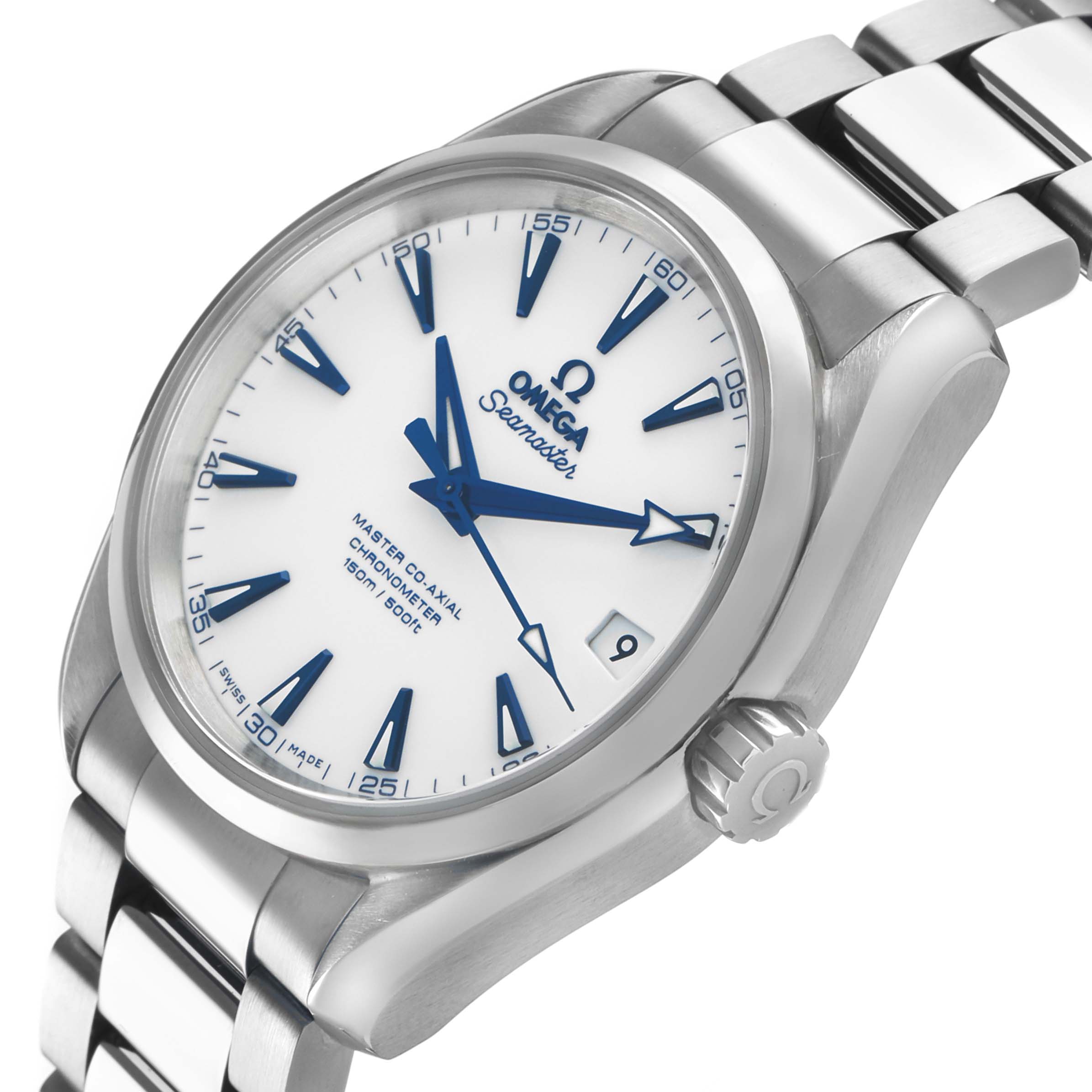 The Omega Aqua Terra 231.90.39.21.04.001 Men's Titanium White Dial is shown from a side angle highlighting the white dial, blue hands, crown, and part of the metal bracelet.