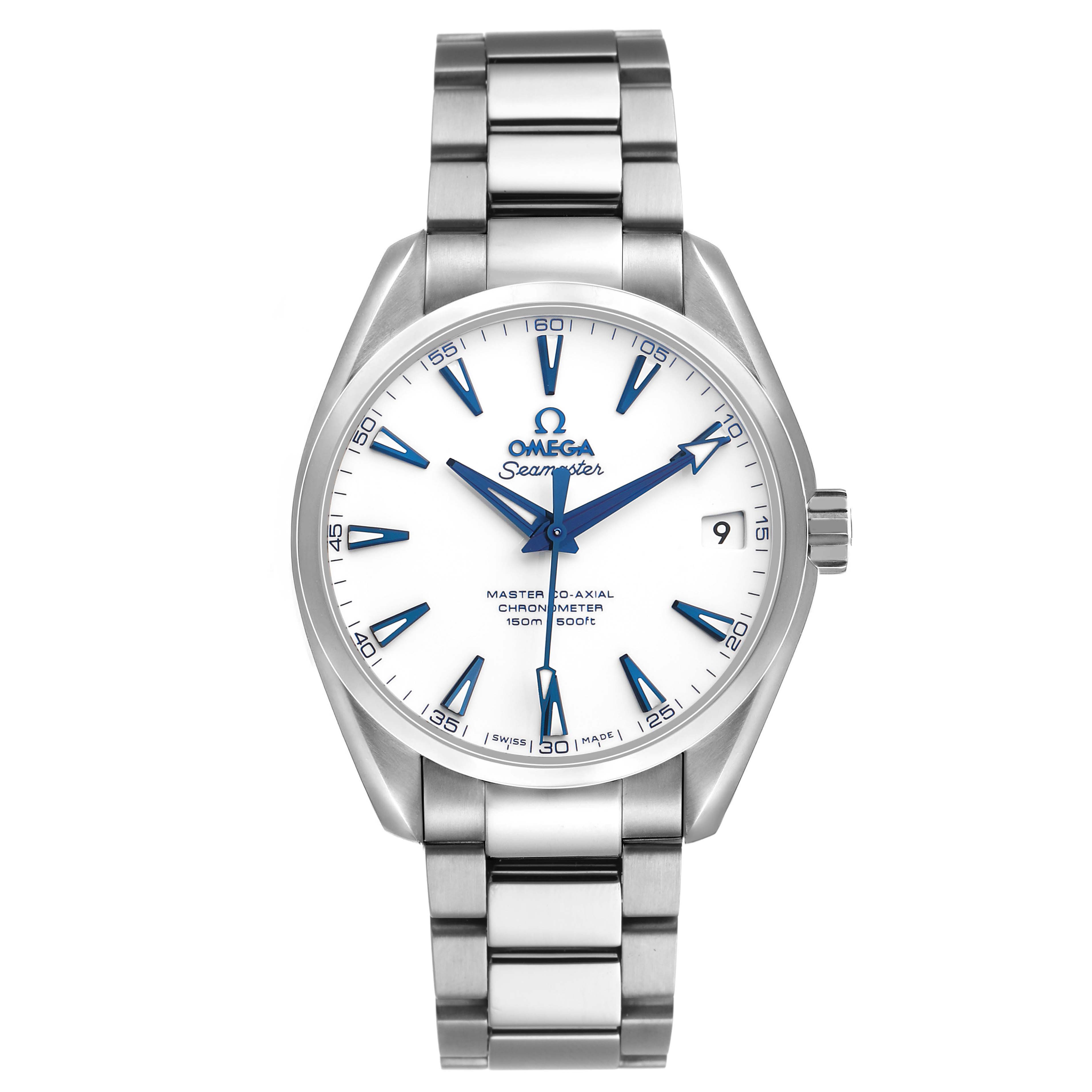 The Omega Aqua Terra 231.90.39.21.04.001 Men's Titanium White Dial watch is shown from a front angle, displaying the face, hands, markers, date, and bracelet.