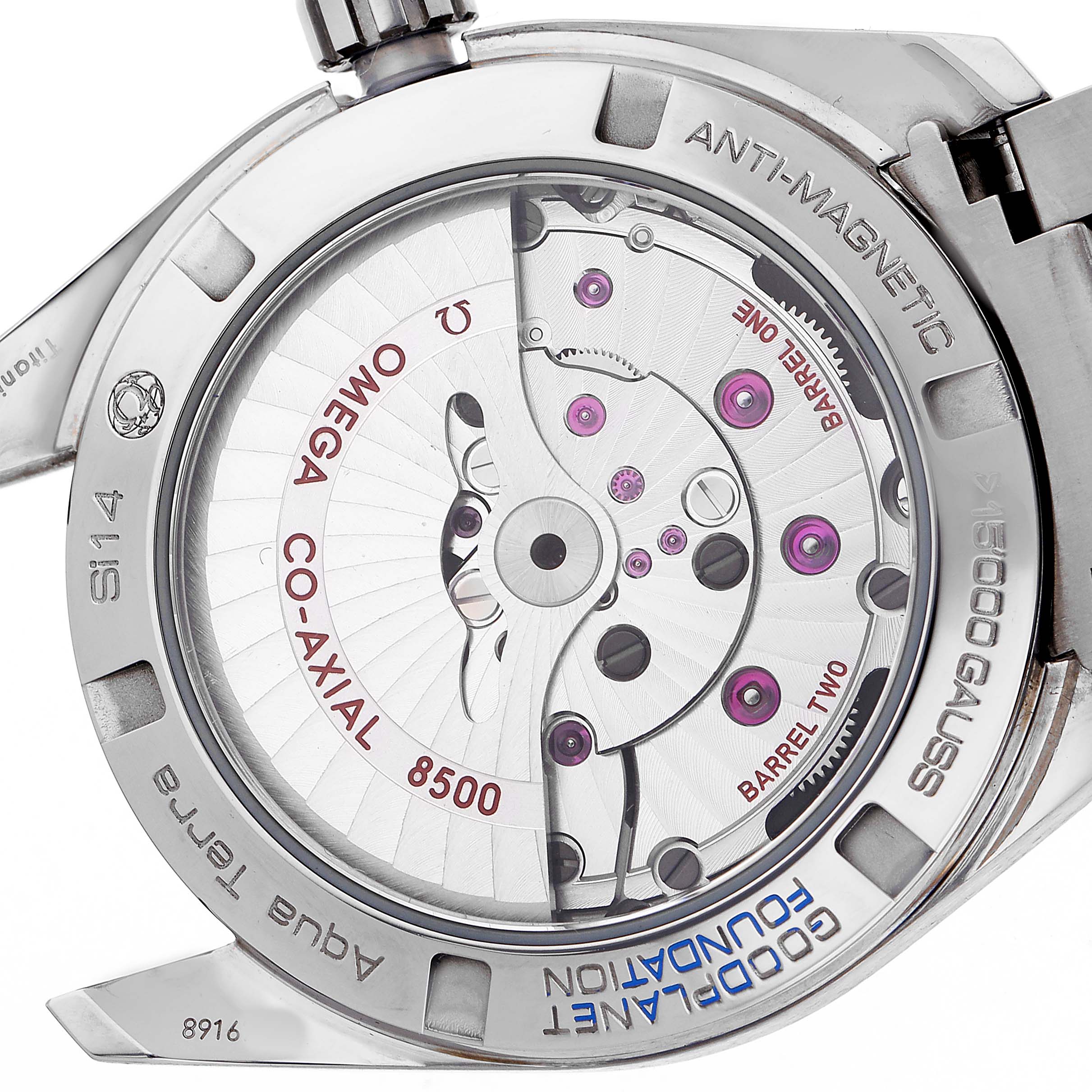 The image shows the back view of an Omega Aqua Terra 231.90.39.21.04.001 Men's Titanium White Dial watch, highlighting its Co-Axial 8500 movement.