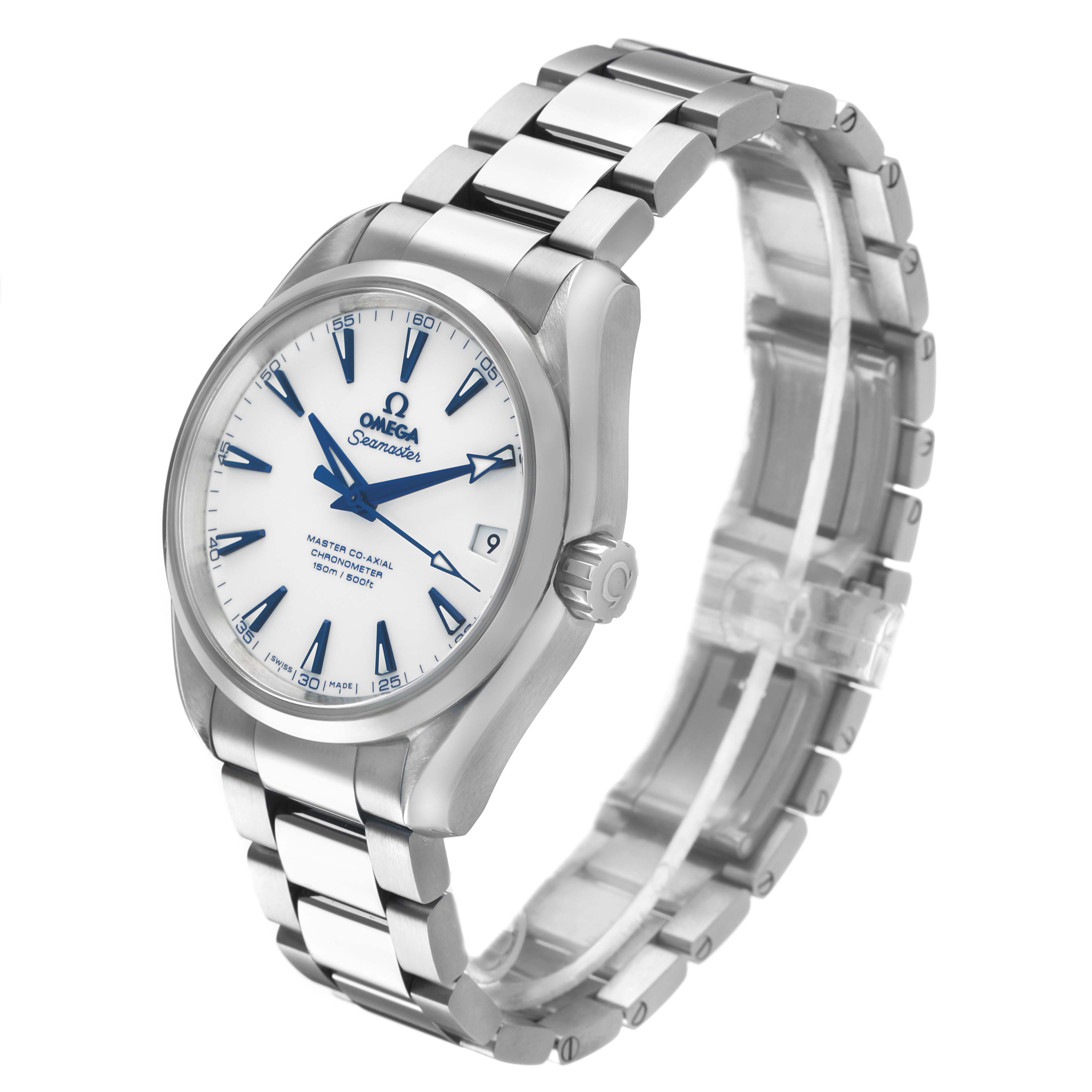 The Omega Aqua Terra 231.90.39.21.04.001 Men's Titanium White Dial watch is shown at an angle highlighting the dial, case, bezel, and bracelet.