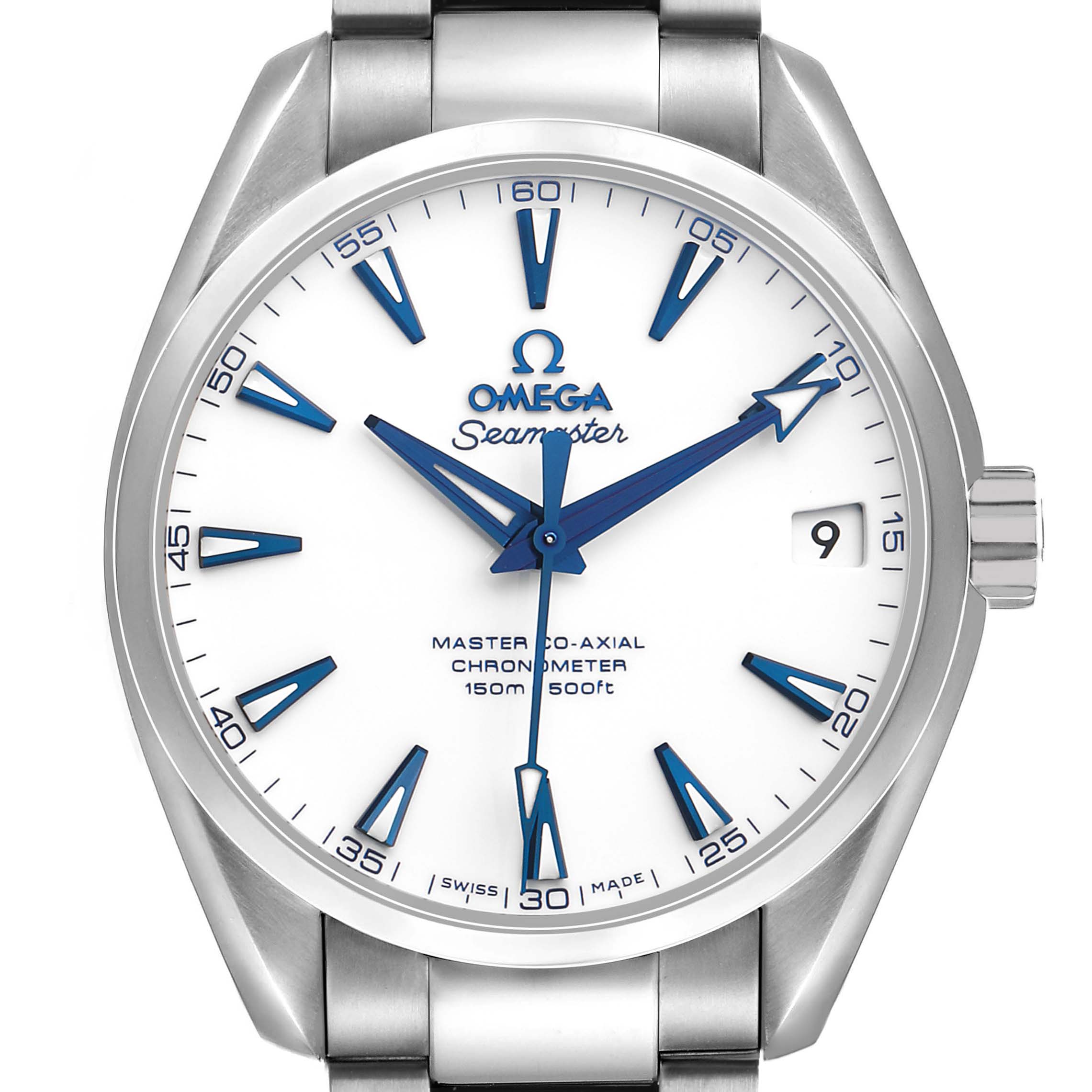 The Omega Aqua Terra 231.90.39.21.04.001 Men's Titanium White Dial watch is shown from the front, displaying its face, hands, markers, and crown.
