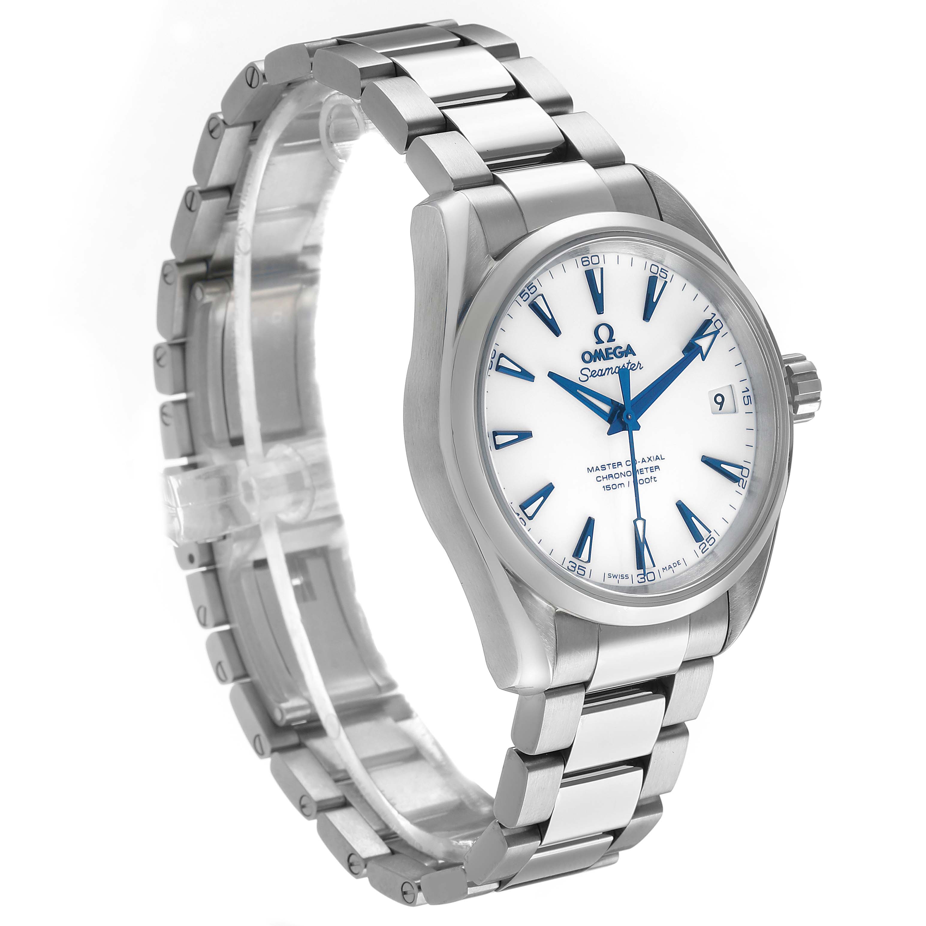 The Omega Aqua Terra 231.90.39.21.04.001 Men's Titanium White Dial watch is shown at a three-quarter angle, displaying the face, bezel, crown, and part of the bracelet.