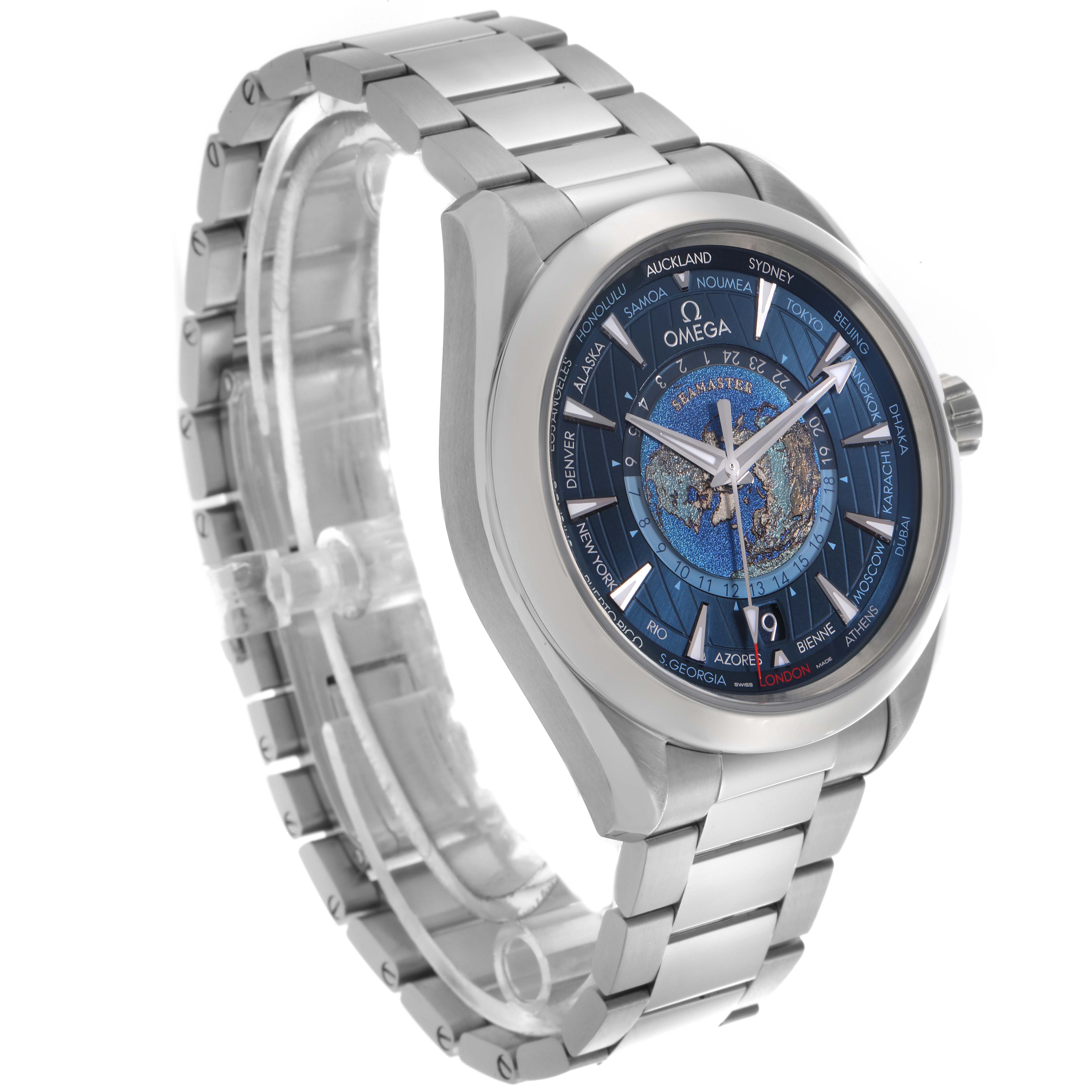 The Omega Aqua Terra 220.10.43.22.03.001 Men's Stainless Steel Blue Dial 220.10.43.22.03.001 Men's Stainless Steel Blue Dial watch is shown at a three-quarter angle, highlighting the face, bezel, crown, and bracelet links.