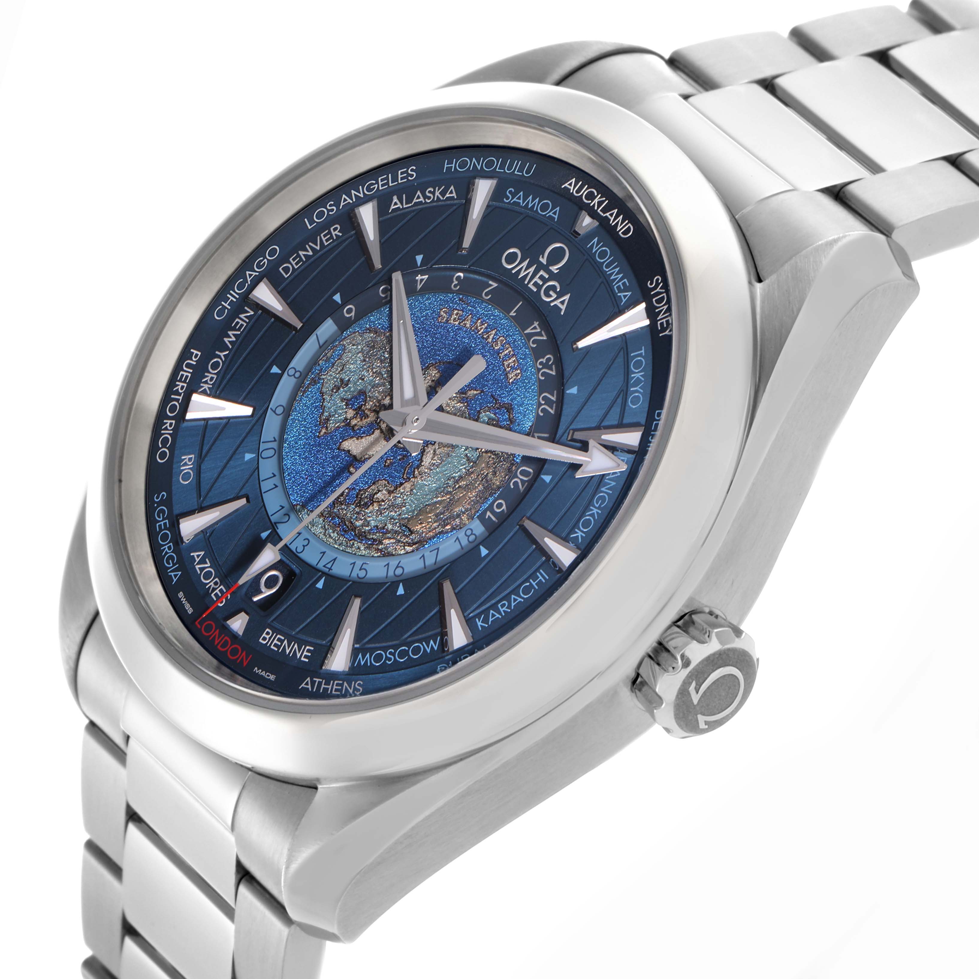 The Omega Aqua Terra 220.10.43.22.03.001 Men's Stainless Steel Blue Dial 220.10.43.22.03.001 Men's Stainless Steel Blue Dial watch is shown at an angled view, highlighting the dial, bezel, case, bracelet, and crown.