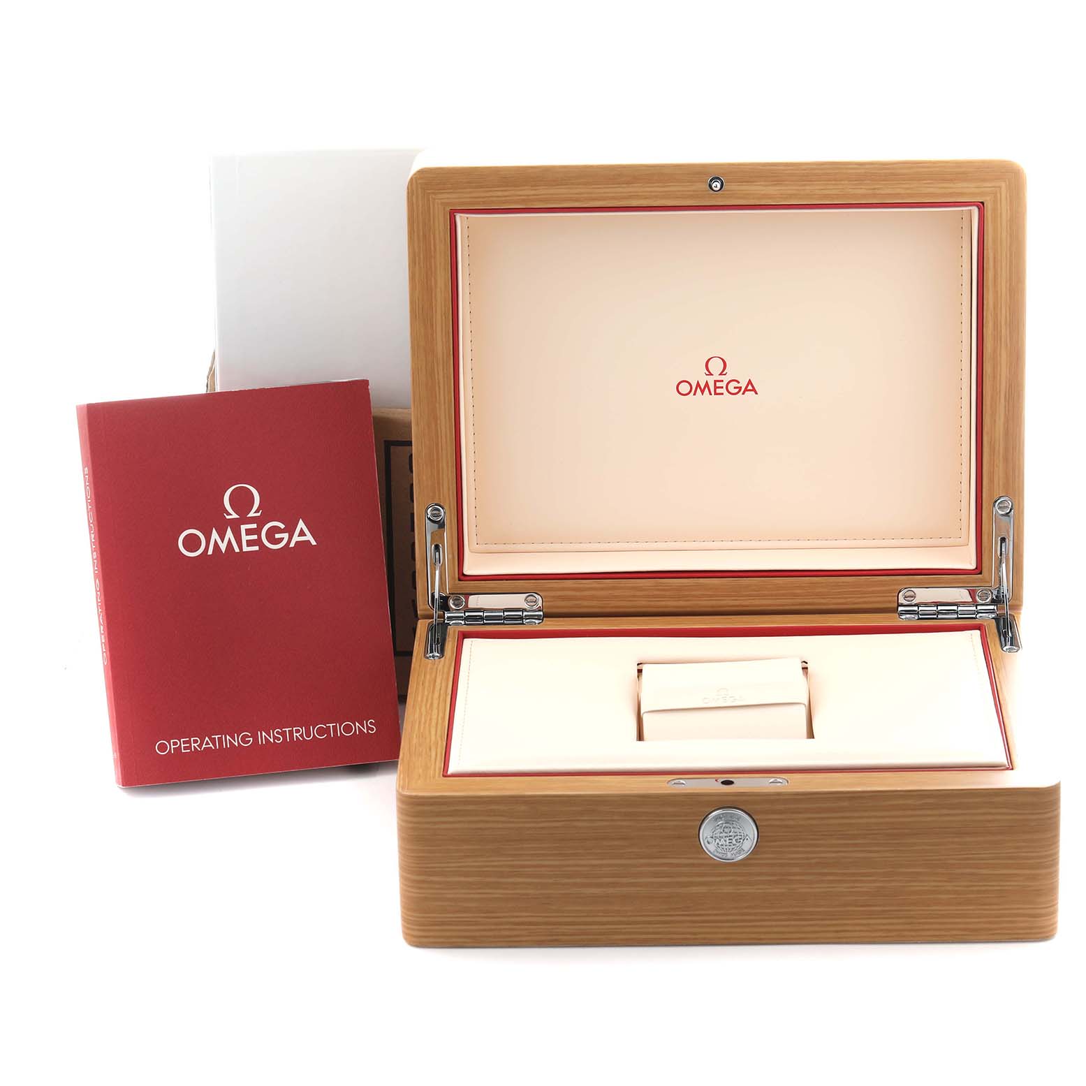 The image shows the Omega Aqua Terra 220.10.43.22.03.001 Men's Stainless Steel Blue Dial 220.10.43.22.03.001 Men's Stainless Steel Blue Dial branded wooden watch box and operating instructions booklet at a front angle.