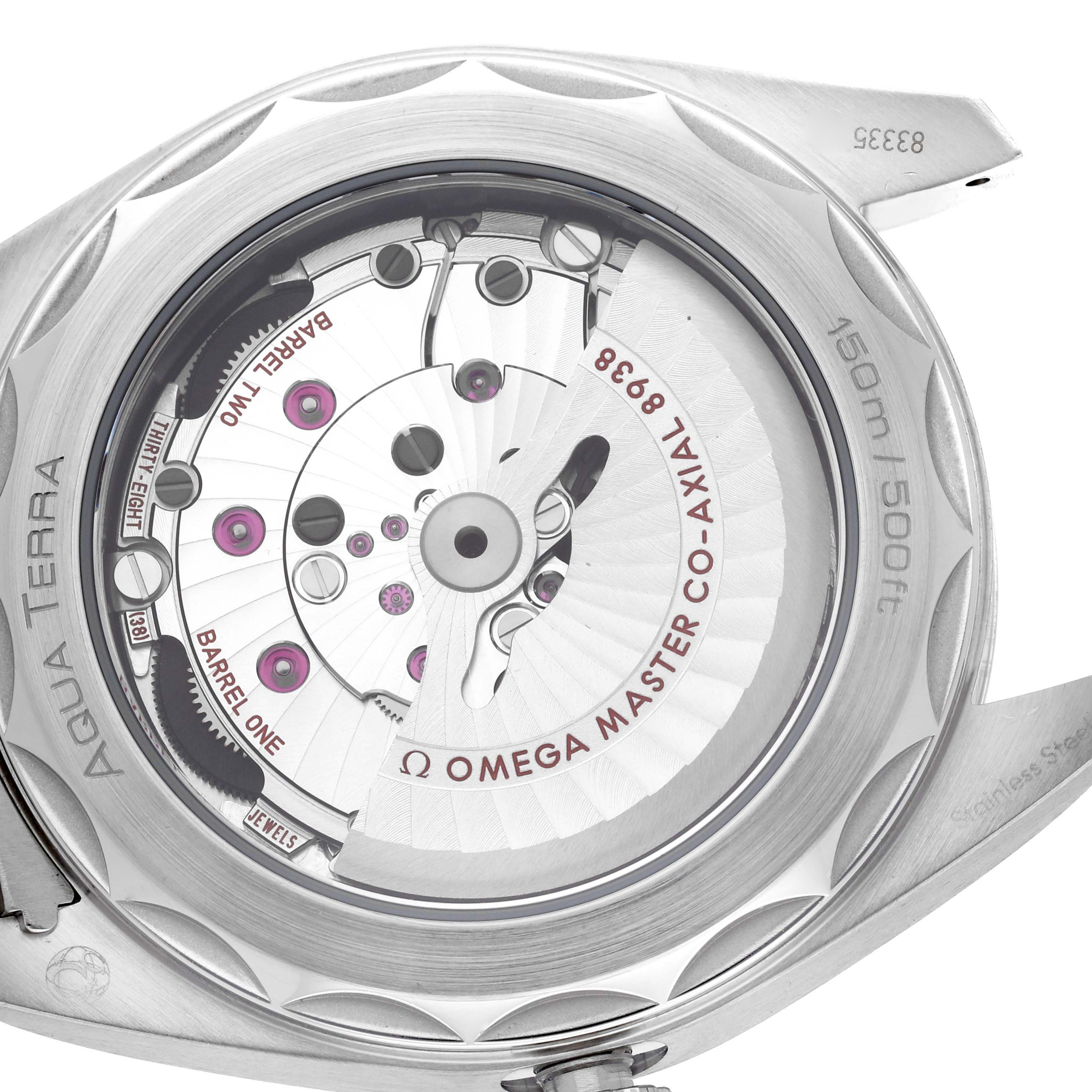 The image shows the back of the Omega Aqua Terra 220.10.43.22.03.001 Men's Stainless Steel Blue Dial 220.10.43.22.03.001 Men's Stainless Steel Blue Dial watch, highlighting the movement and co-axial mechanism.