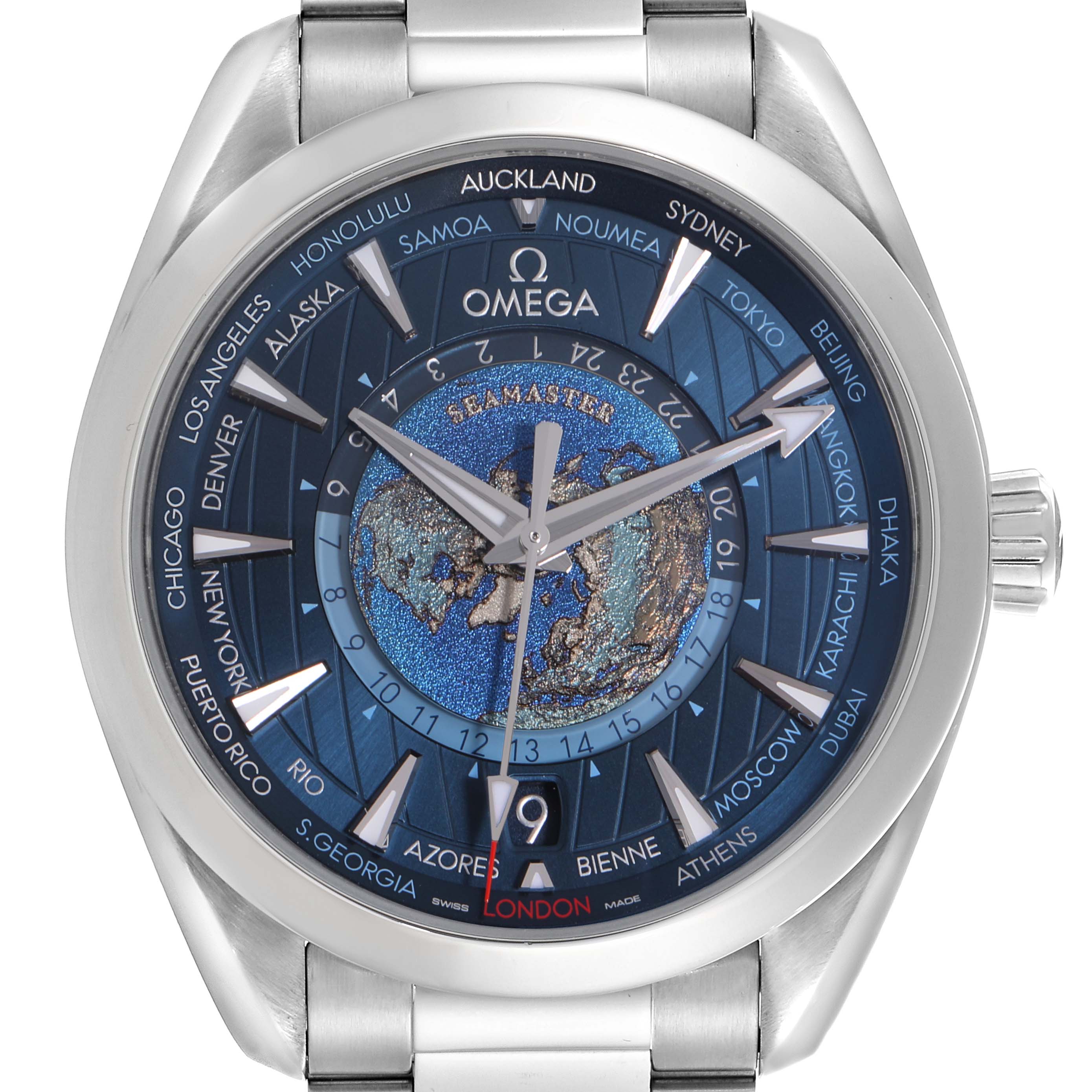 The Omega Aqua Terra 220.10.43.22.03.001 Men's Stainless Steel Blue Dial 220.10.43.22.03.001 Men's Stainless Steel Blue Dial watch is shown from the front, highlighting the dial, bezel, and part of the bracelet.