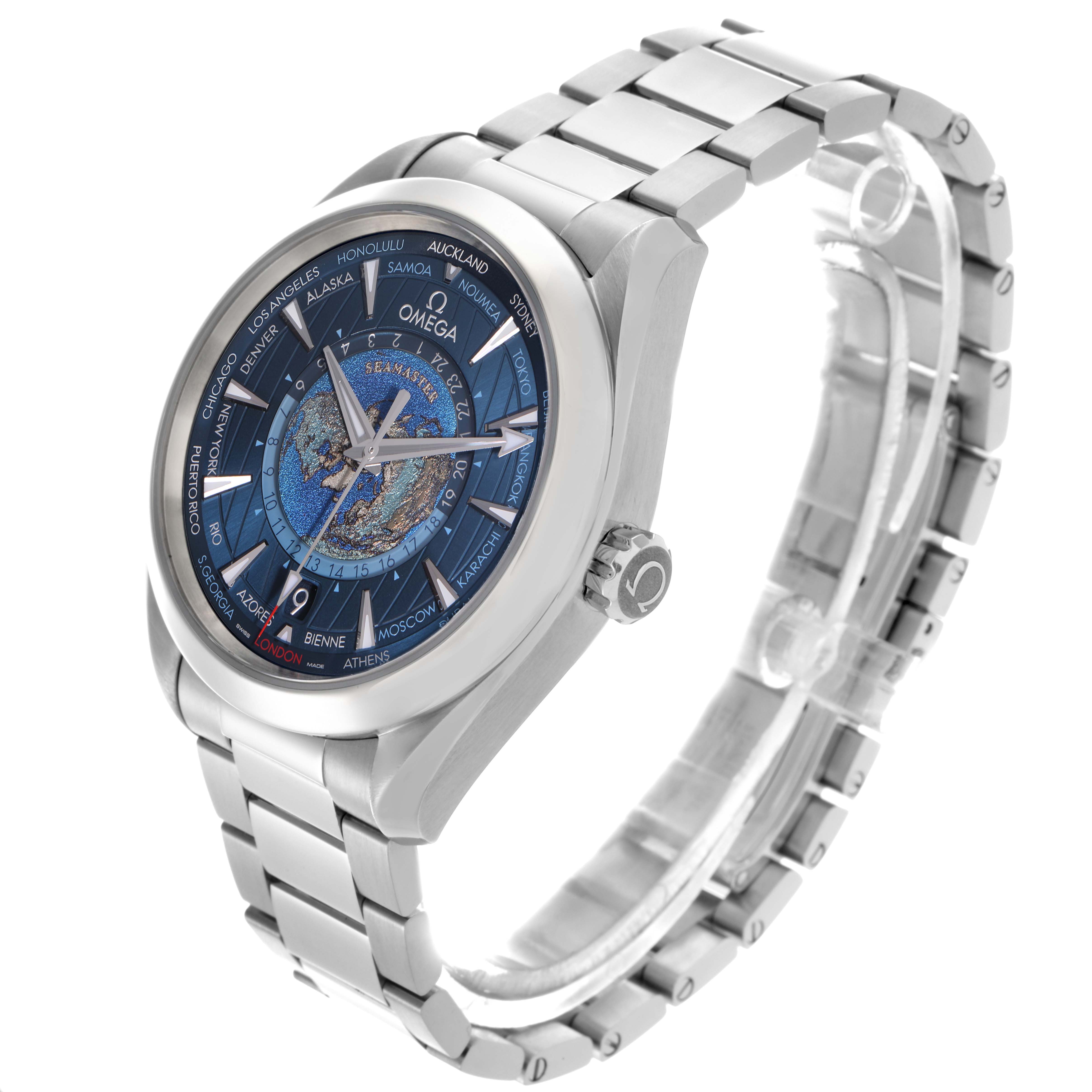 The Omega Aqua Terra 220.10.43.22.03.001 Men's Stainless Steel Blue Dial 220.10.43.22.03.001 Men's Stainless Steel Blue Dial watch is shown from a three-quarter frontal angle, highlighting the dial and metal bracelet.