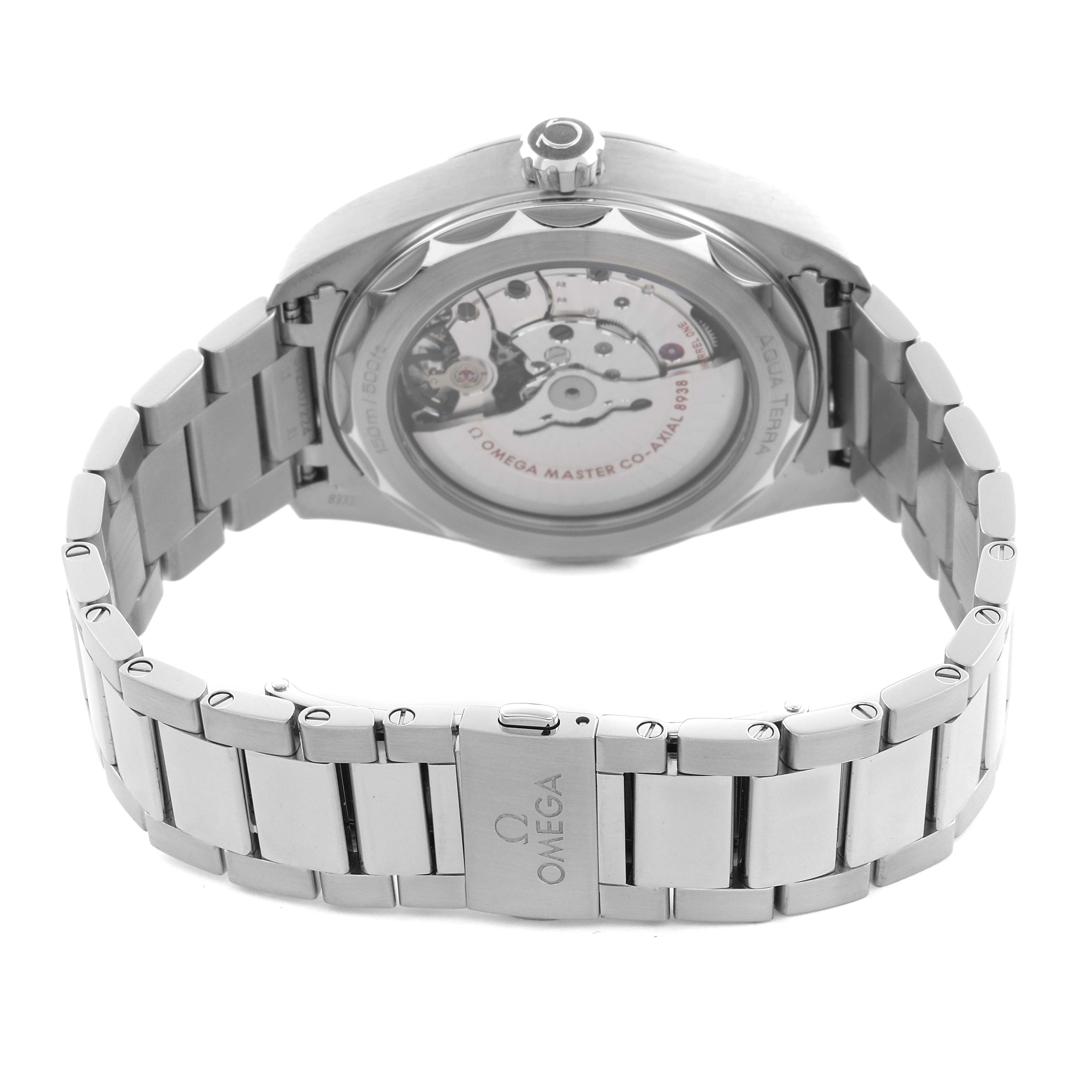 The Omega Aqua Terra 220.10.43.22.03.001 Men's Stainless Steel Blue Dial 220.10.43.22.03.001 Men's Stainless Steel Blue Dial watch is shown from the back, highlighting the movement and bracelet with the clasp visible.