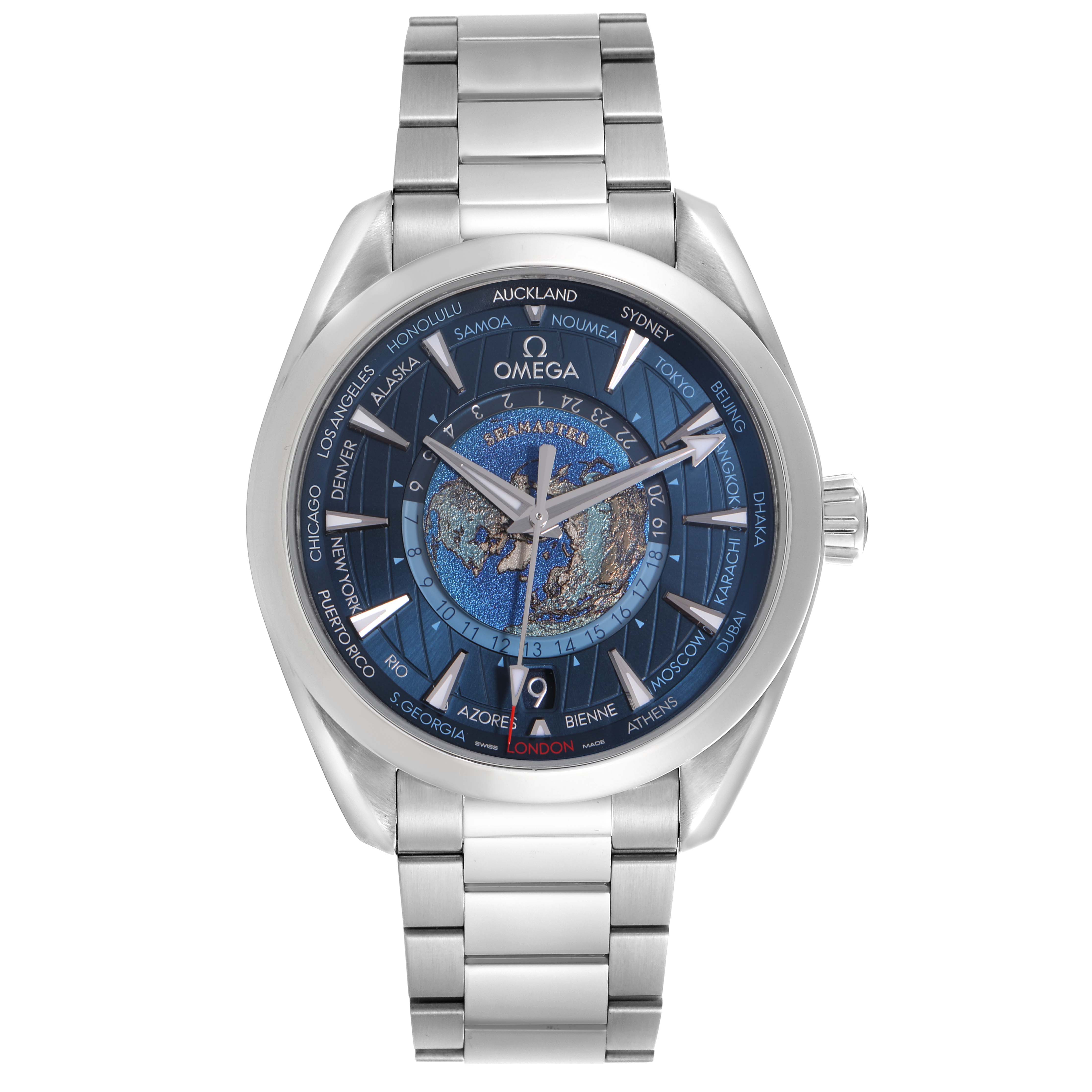The Omega Aqua Terra 220.10.43.22.03.001 Men's Stainless Steel Blue Dial 220.10.43.22.03.001 Men's Stainless Steel Blue Dial watch is shown from a front angle, highlighting its blue dial, world time zones, and metal bracelet.