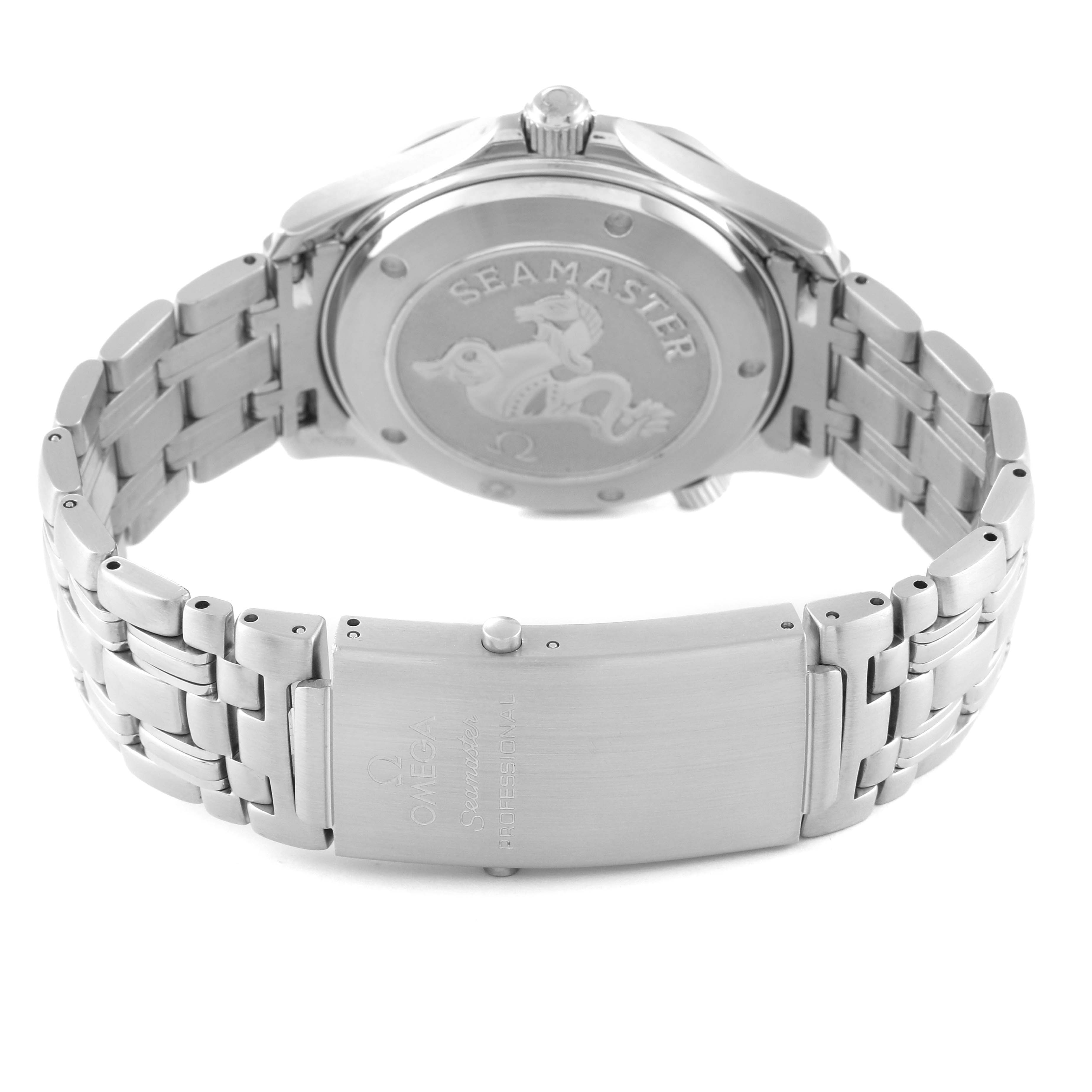 The image shows the back case and bracelet of an Omega Seamaster 2220.80.00 Men's Stainless Steel Blue Dial 2220.80.00 Men's Stainless Steel Blue Dial watch.