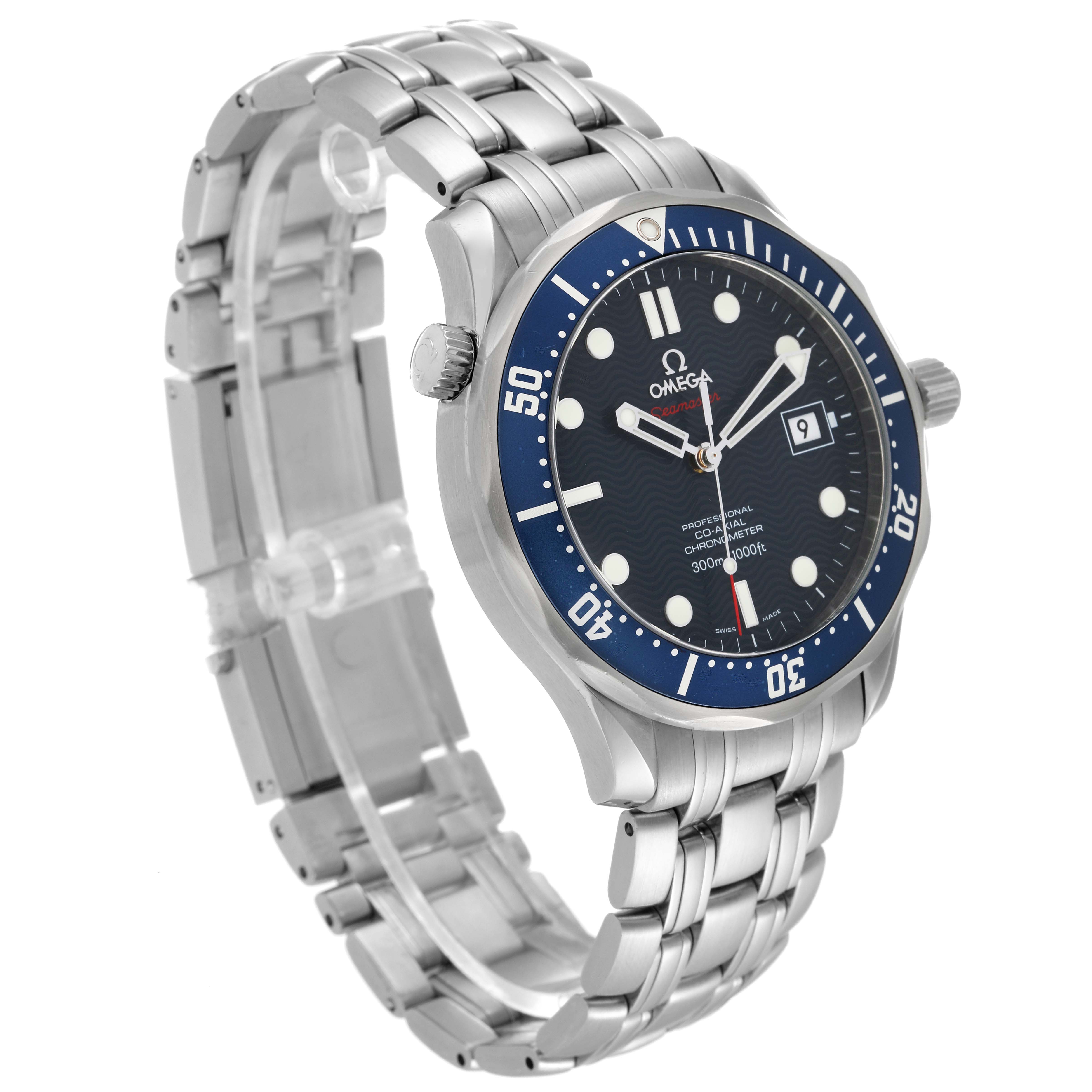 The Omega Seamaster 2220.80.00 Men's Stainless Steel Blue Dial 2220.80.00 Men's Stainless Steel Blue Dial watch is shown from a three-quarter angle, highlighting the face, bezel, bracelet, and crown.