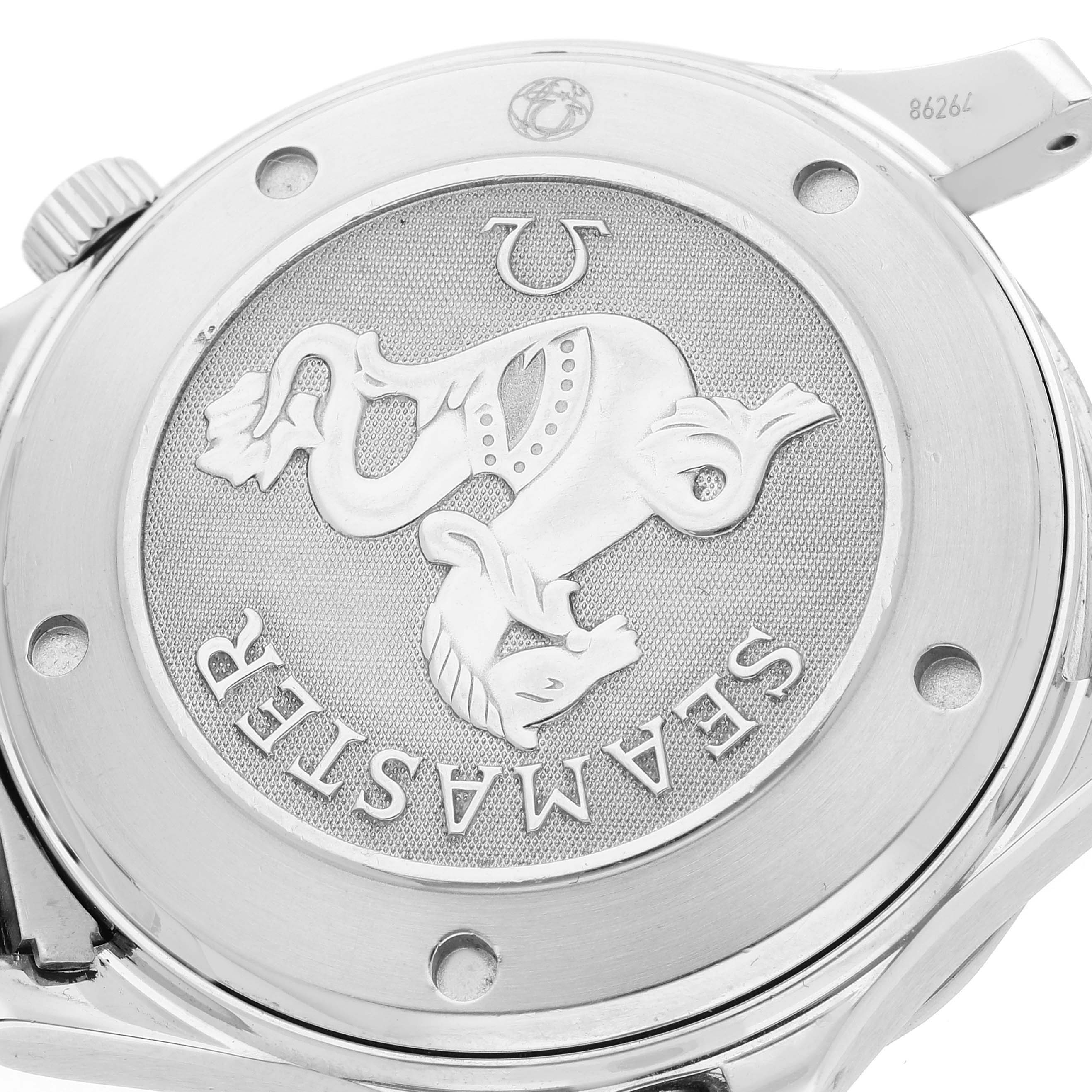 The image shows the case back of the Omega Seamaster 2220.80.00 Men's Stainless Steel Blue Dial 2220.80.00 Men's Stainless Steel Blue Dial watch, highlighting the engraved emblem and text.