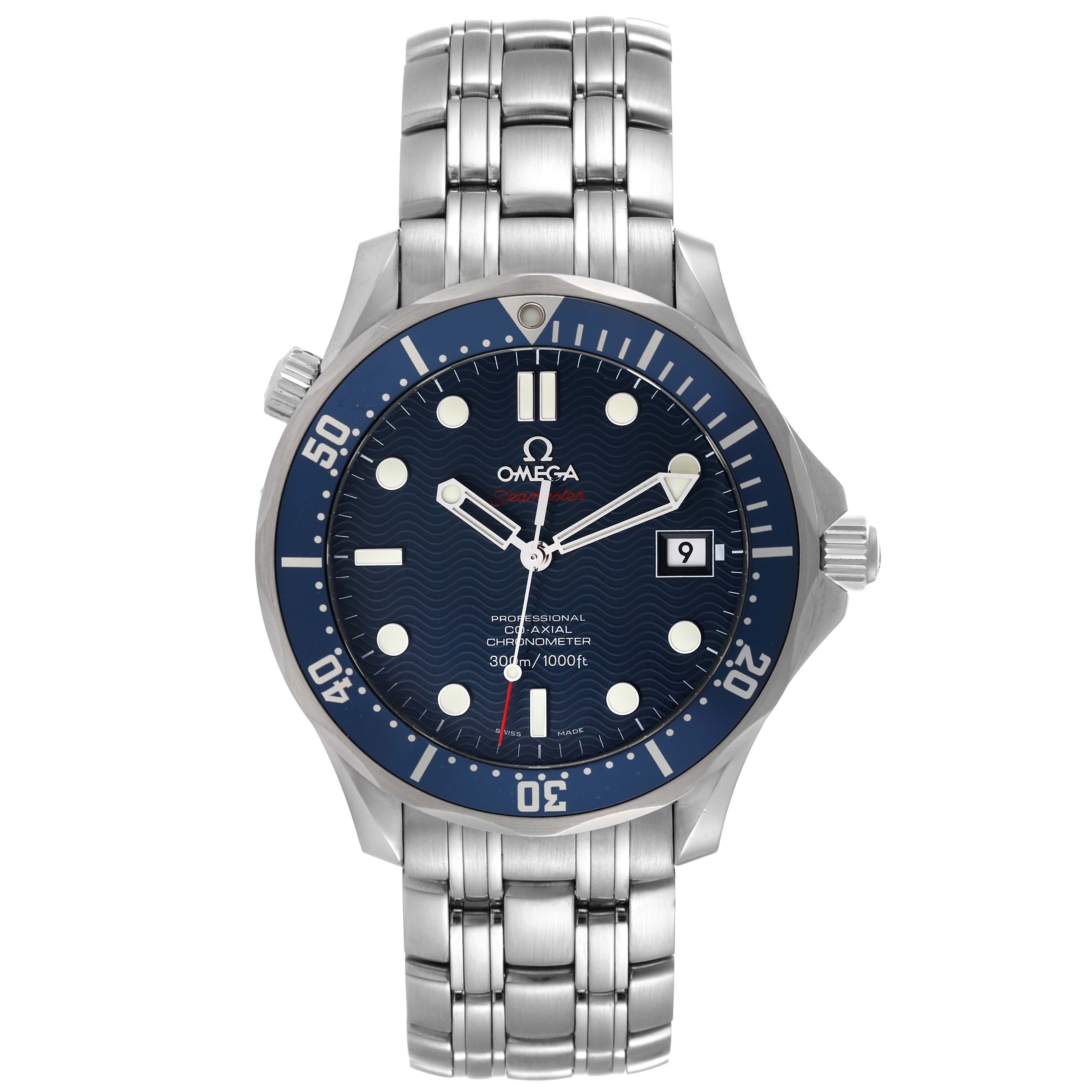 This image shows a front view of an Omega Seamaster 2220.80.00 Men's Stainless Steel Blue Dial 2220.80.00 Men's Stainless Steel Blue Dial watch displaying its stainless steel band, blue dial, and date function.