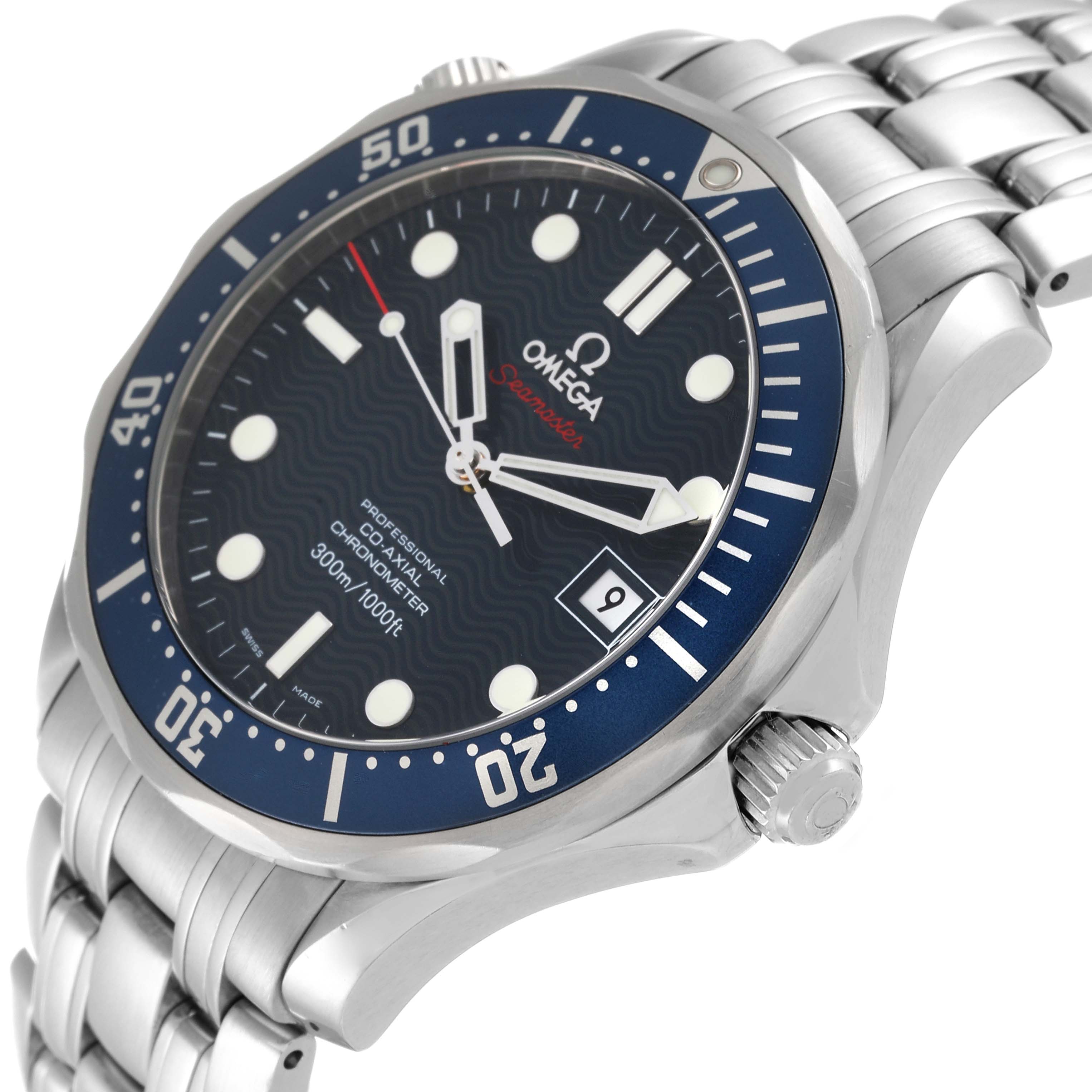 The image shows an angled view of the Omega Seamaster 2220.80.00 Men's Stainless Steel Blue Dial 2220.80.00 Men's Stainless Steel Blue Dial watch, highlighting its face, bezel, crown, and metal bracelet.