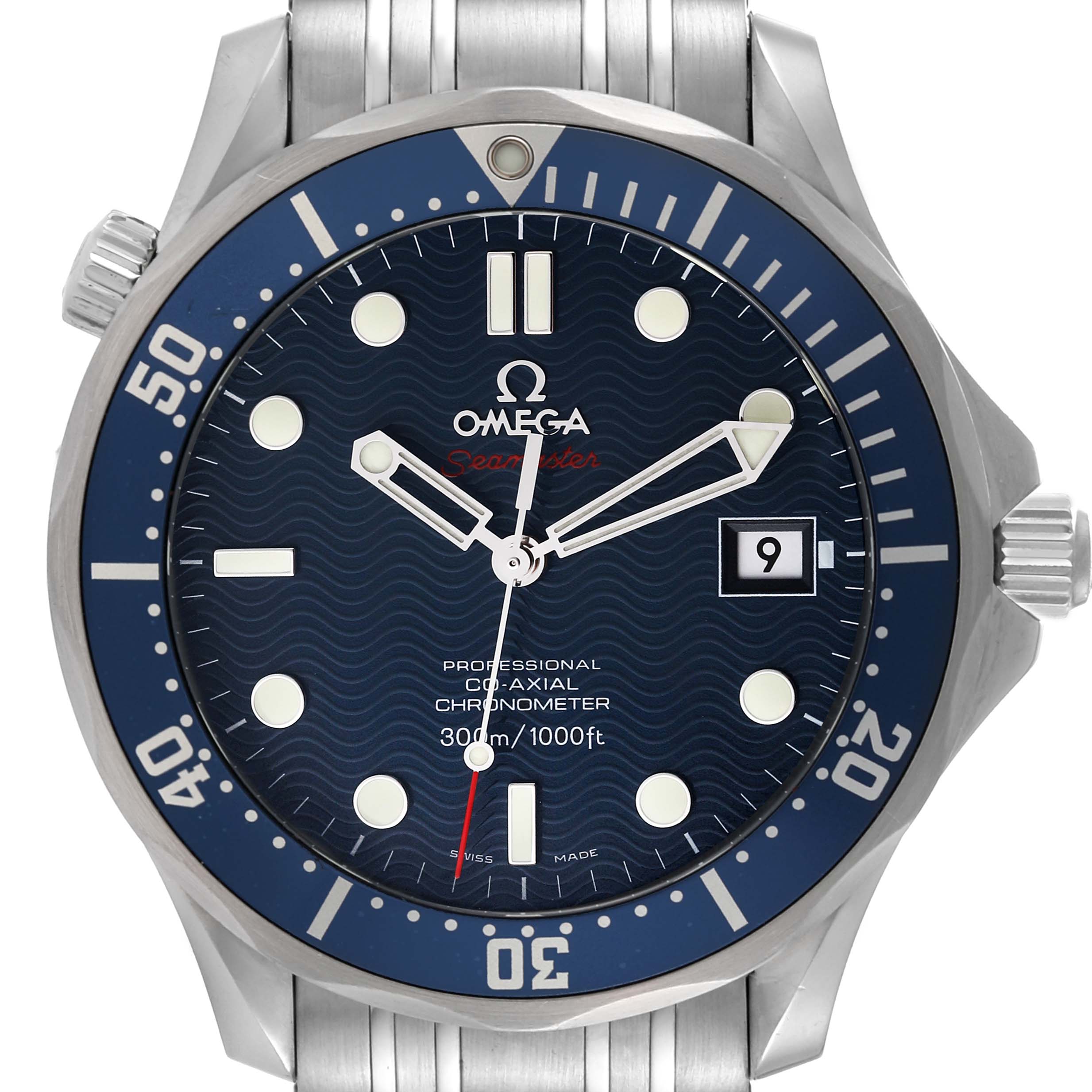 The image shows a front view of an Omega Seamaster 2220.80.00 Men's Stainless Steel Blue Dial 2220.80.00 Men's Stainless Steel Blue Dial watch, highlighting the dial, bezel, and part of the metal bracelet.
