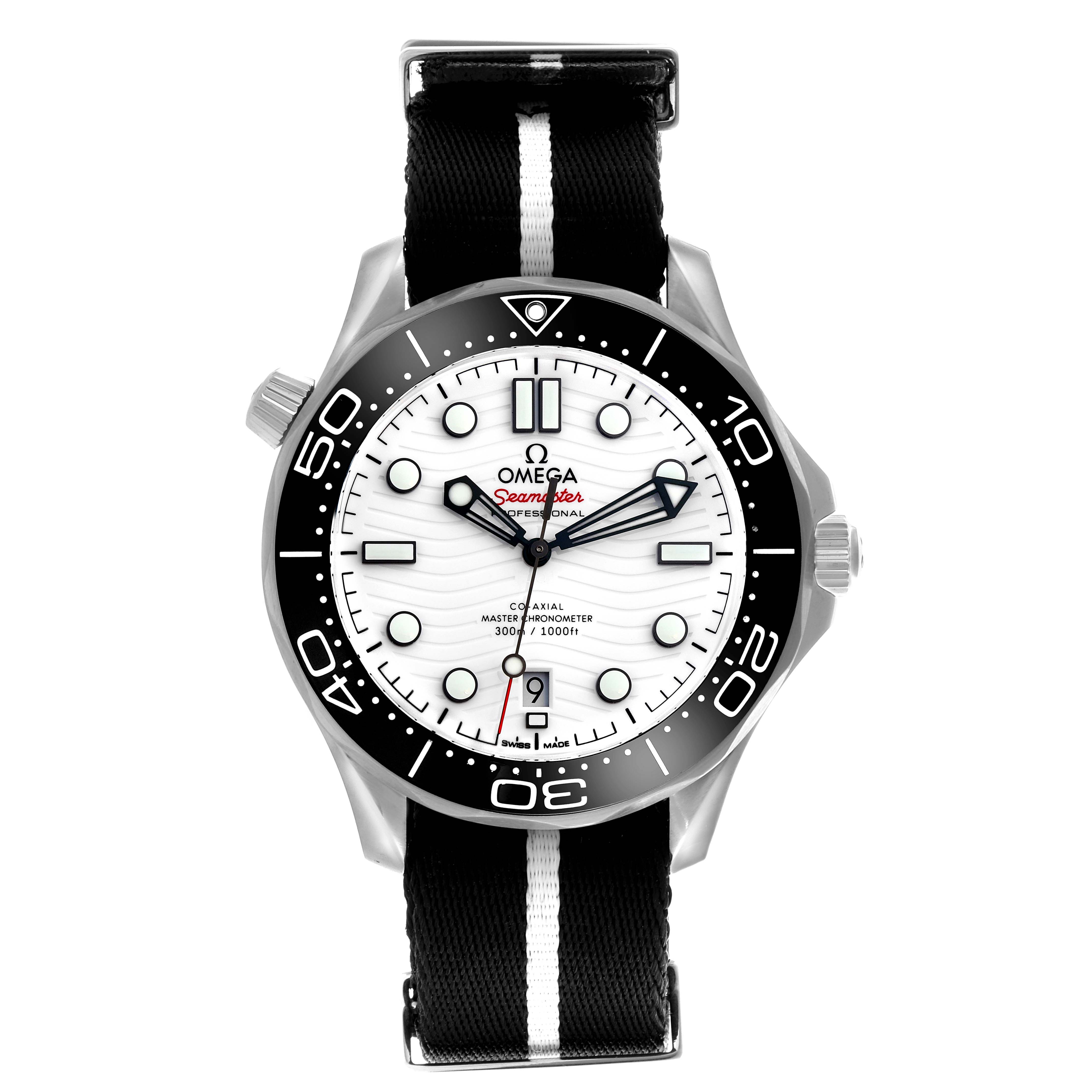 The Omega Seamaster 210.32.42.20.04.001 Men's Stainless Steel White Dial 210.32.42.20.04.001 Men's Stainless Steel White Dial watch is shown from the front, highlighting the white dial, black bezel, and striped strap.