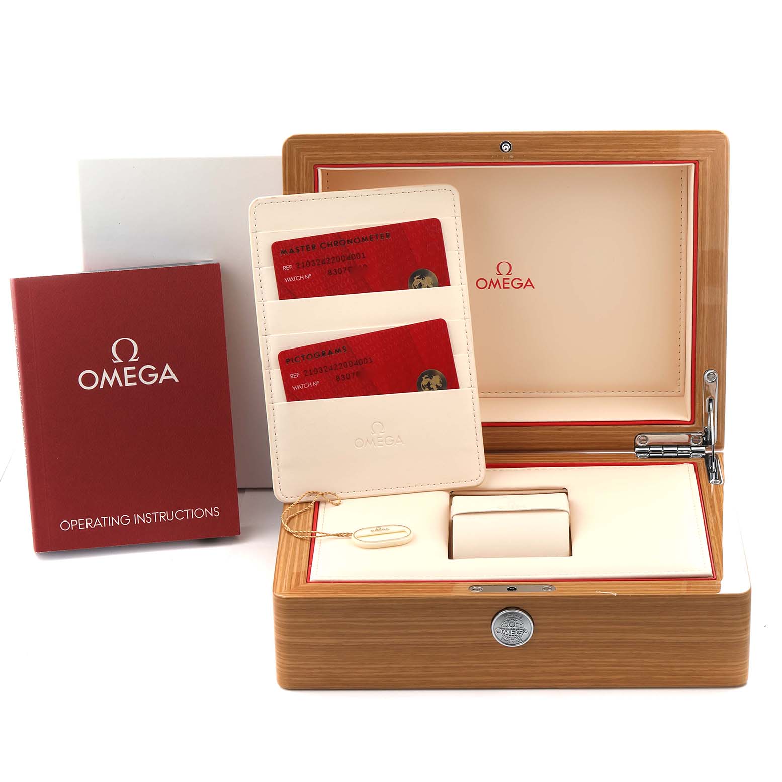 The image shows a wooden box for the Omega Seamaster 210.32.42.20.04.001 Men's Stainless Steel White Dial 210.32.42.20.04.001 Men's Stainless Steel White Dial, including an instruction manual, cards, and warranty holders.