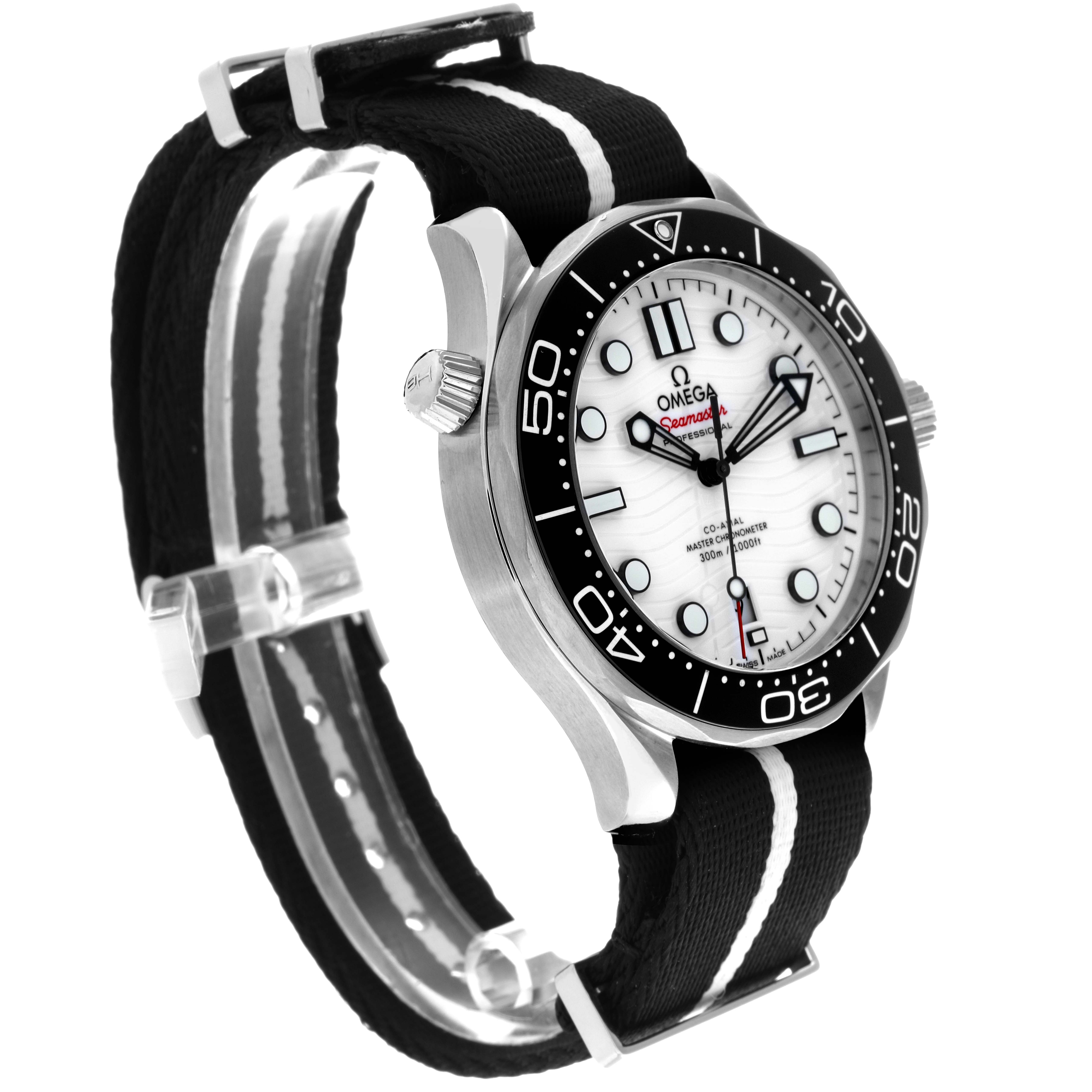 The Omega Seamaster 210.32.42.20.04.001 Men's Stainless Steel White Dial 210.32.42.20.04.001 Men's Stainless Steel White Dial watch is shown from an angled side view, highlighting the dial, bezel, and strap with its distinct markings.