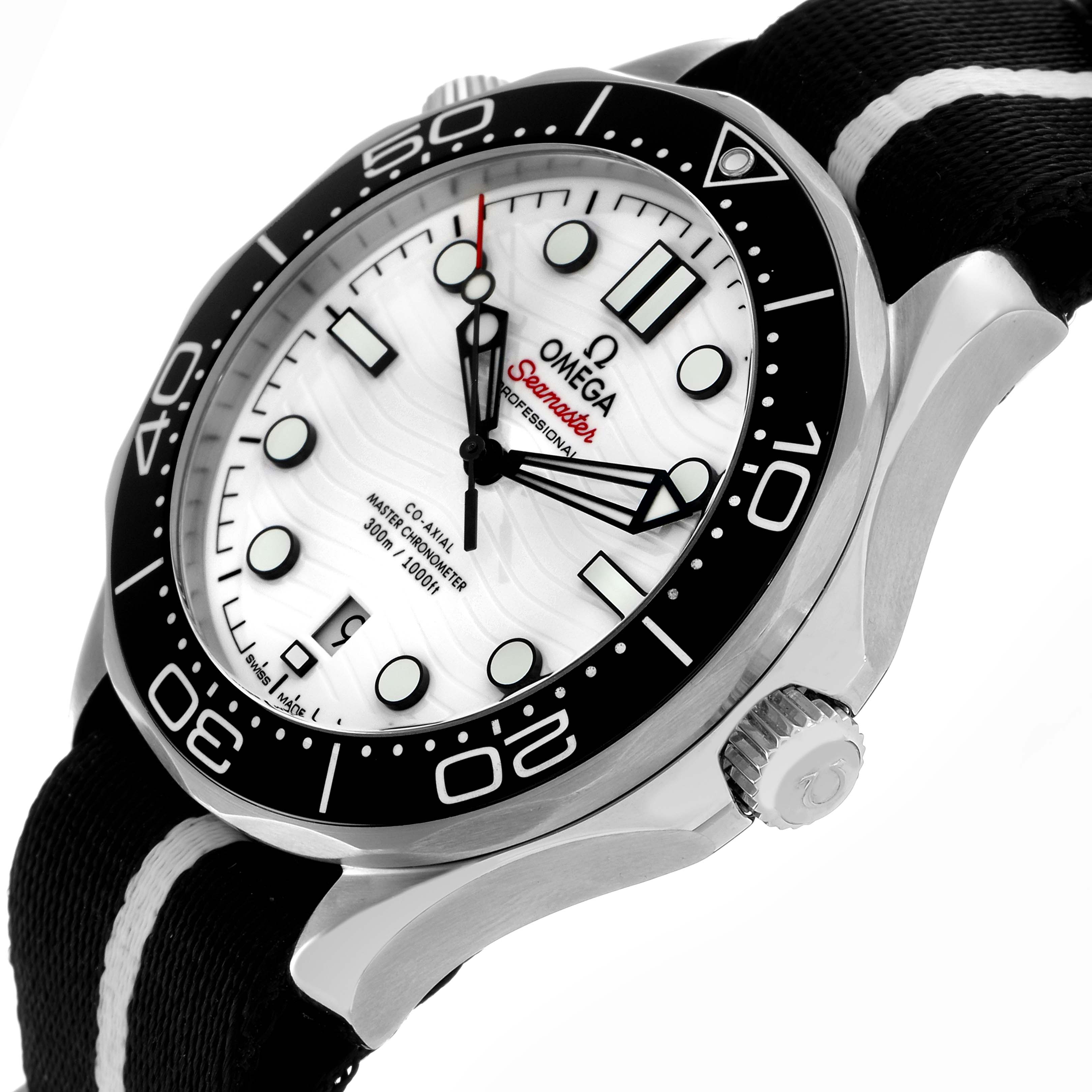 The Omega Seamaster 210.32.42.20.04.001 Men's Stainless Steel White Dial 210.32.42.20.04.001 Men's Stainless Steel White Dial watch is shown at an angled side view, highlighting the dial, bezel, and crown.