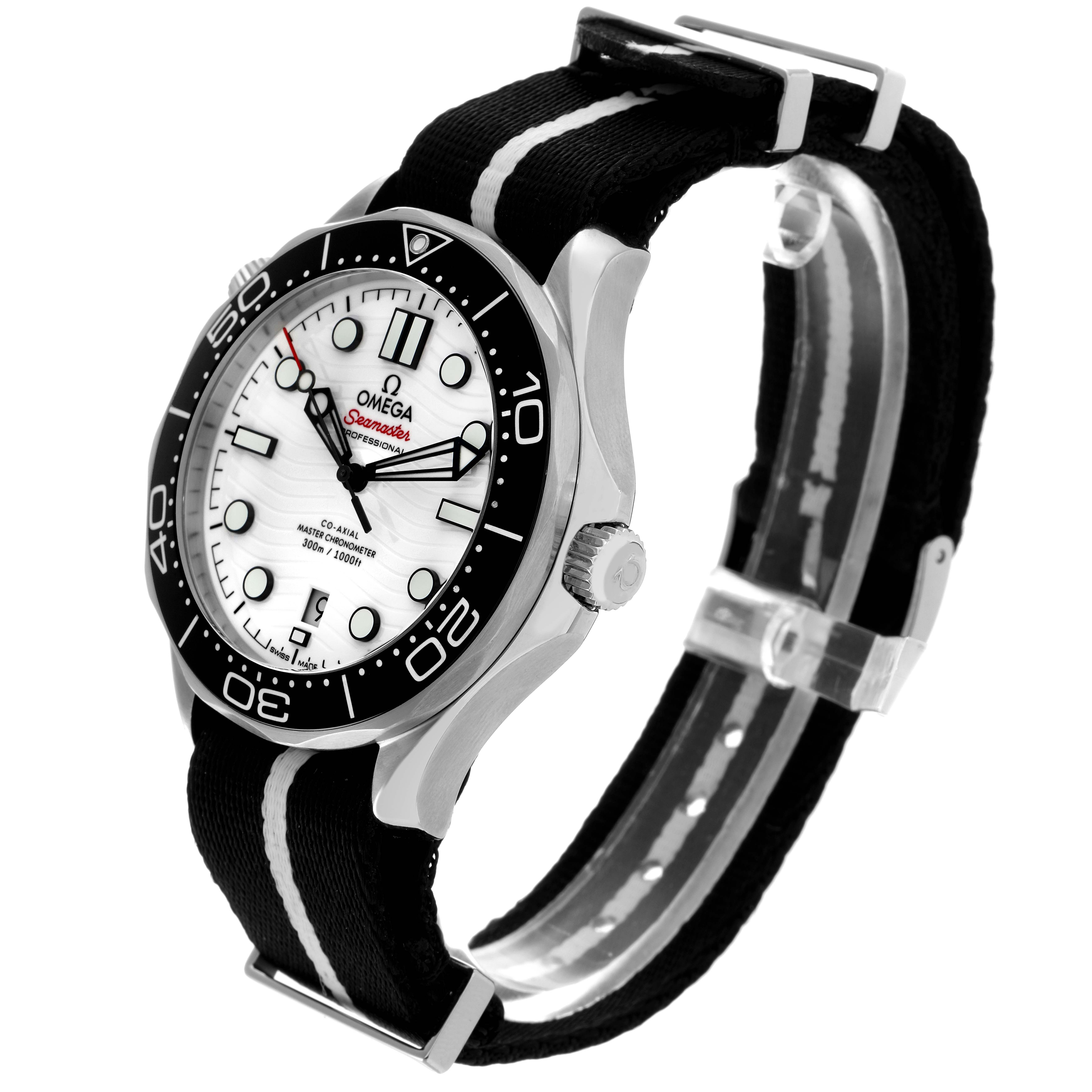 The Omega Seamaster 210.32.42.20.04.001 Men's Stainless Steel White Dial 210.32.42.20.04.001 Men's Stainless Steel White Dial watch is shown at a three-quarter angle, highlighting the face, bezel, crown, and bracelet.