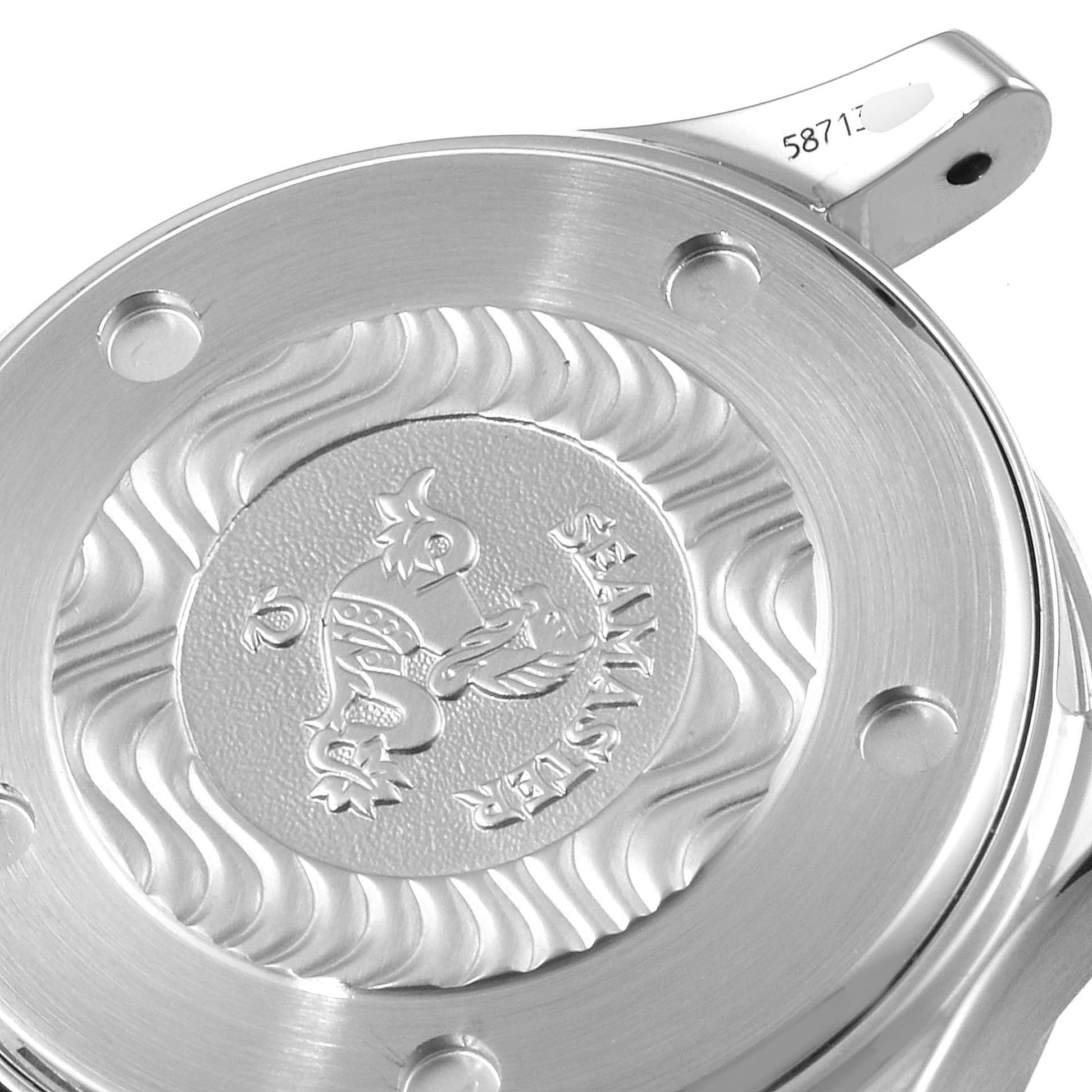 This image shows the engraved case back of the Omega 2284.50.00 Women's Stainless Steel Black Dial 2284.50.00 Women's Stainless Steel Black Dial Seamaster Diver 300M 28mm Steel Ladies Watch 2284.50.00.