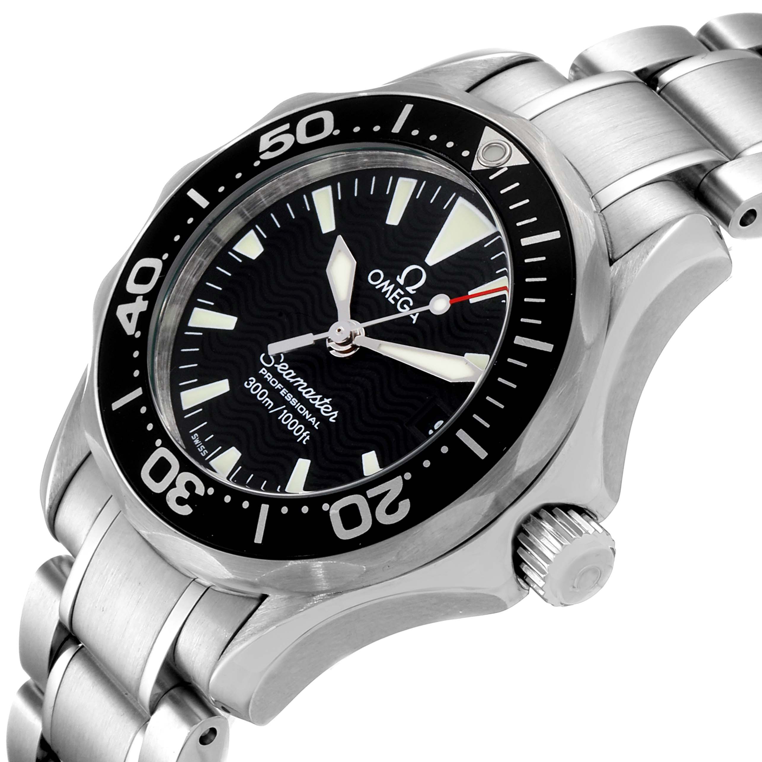 The image shows an angled close-up of the Omega 2284.50.00 Women's Stainless Steel Black Dial 2284.50.00 Women's Stainless Steel Black Dial Seamaster Diver 300M 28mm Steel Ladies Watch 2284.50.00, highlighting the bezel, dial, crown, and bracelet.