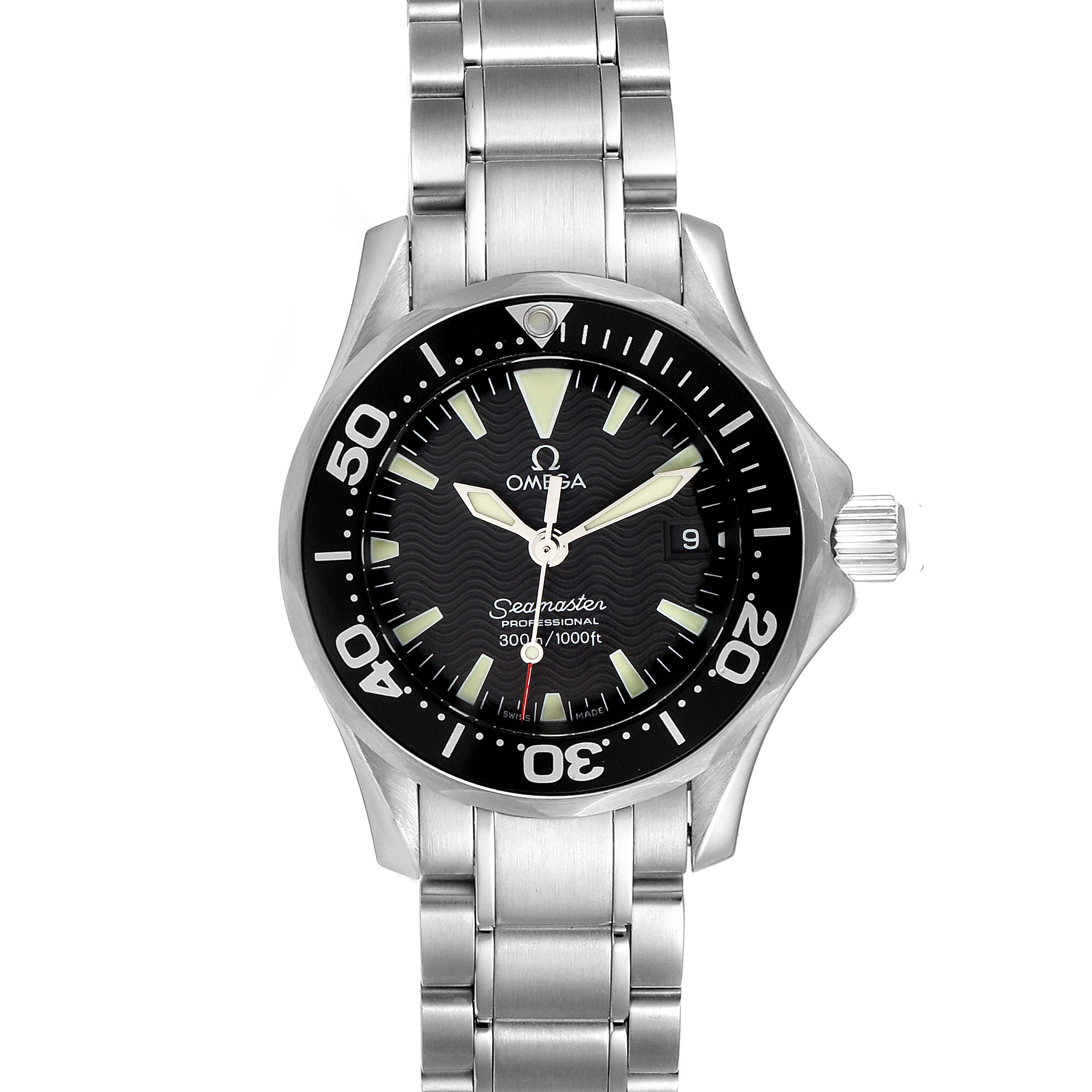 The image shows a front view of the Omega 2284.50.00 Women's Stainless Steel Black Dial 2284.50.00 Women's Stainless Steel Black Dial Seamaster Diver 300M 28mm Steel Ladies Watch 2284.50.00, displaying its face and bracelet.
