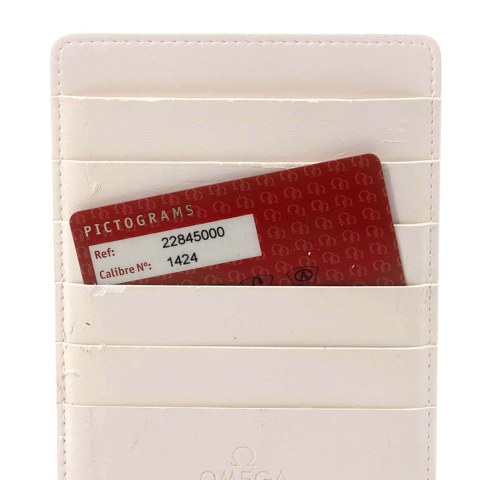 The image shows the pictogram card for the Omega 2284.50.00 Women's Stainless Steel Black Dial 2284.50.00 Women's Stainless Steel Black Dial Seamaster Diver 300M 28mm Steel Ladies Watch 2284.50.00, placed in a white holder.