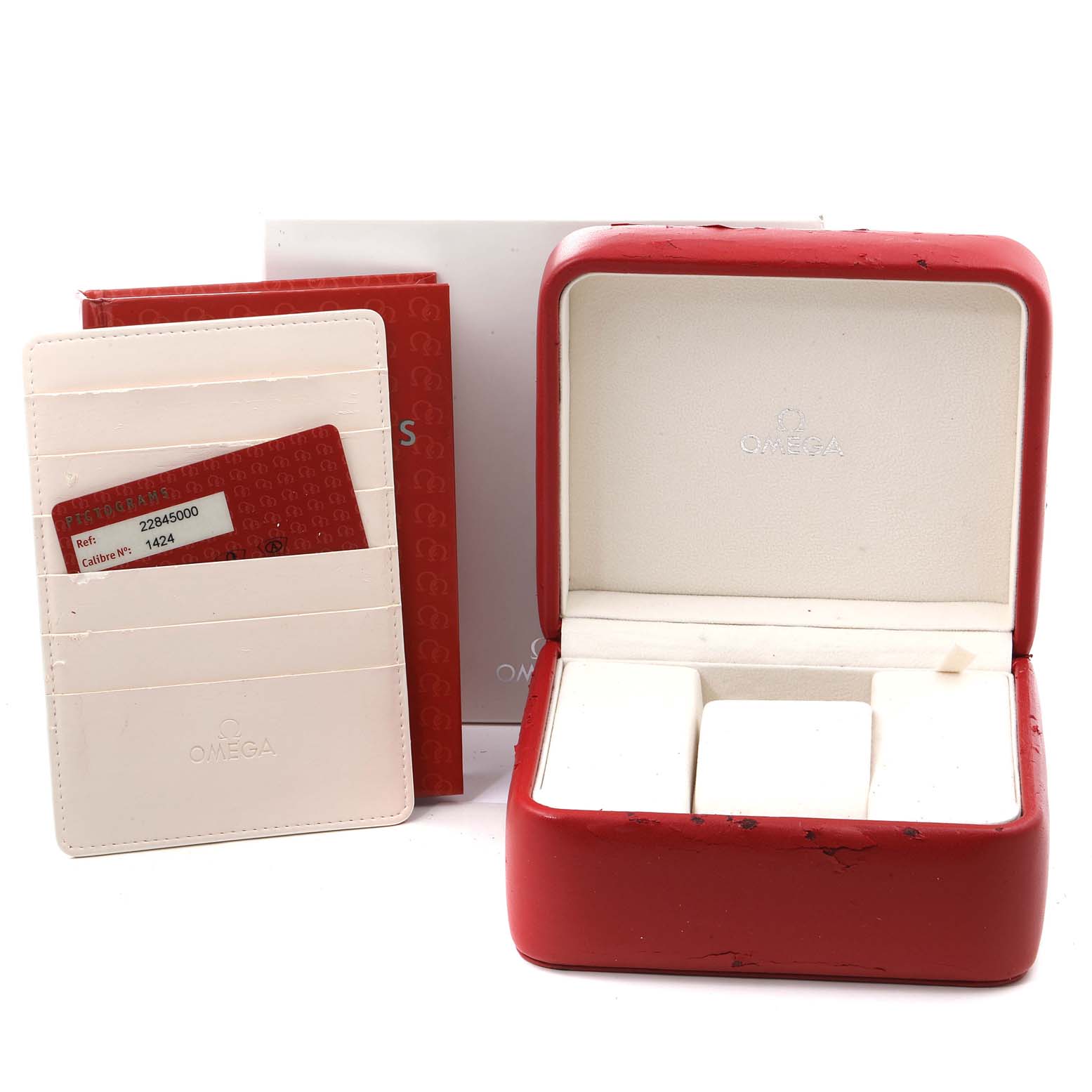 The image shows the box, documentation, and card holder for the Omega 2284.50.00 Women's Stainless Steel Black Dial 2284.50.00 Women's Stainless Steel Black Dial Seamaster Diver 300M 28mm Steel Ladies Watch 2284.50.00.