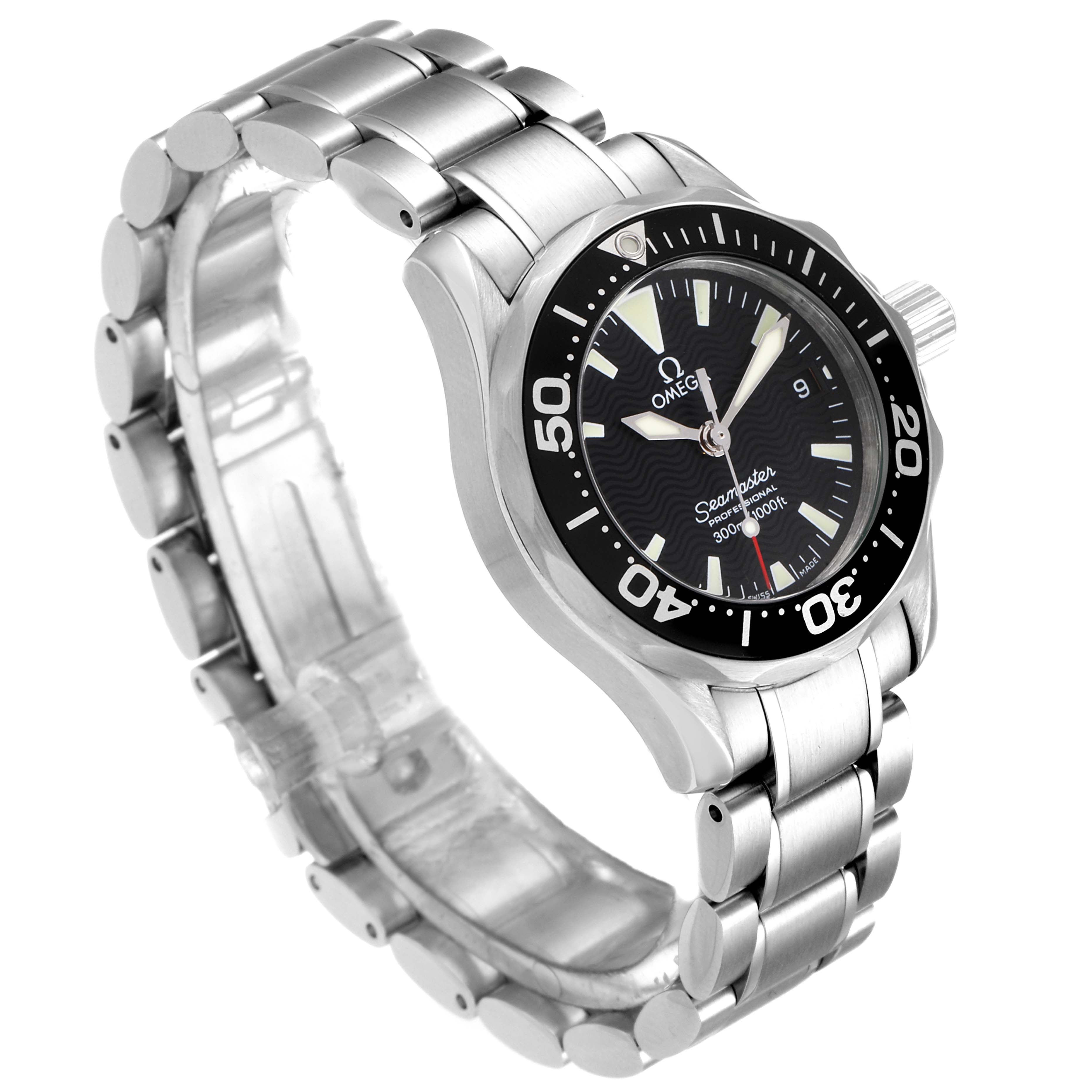 This image shows a side-angle view of the Omega 2284.50.00 Women's Stainless Steel Black Dial 2284.50.00 Women's Stainless Steel Black Dial Seamaster Diver 300M 28mm Steel Ladies Watch, model 2284.50.00.