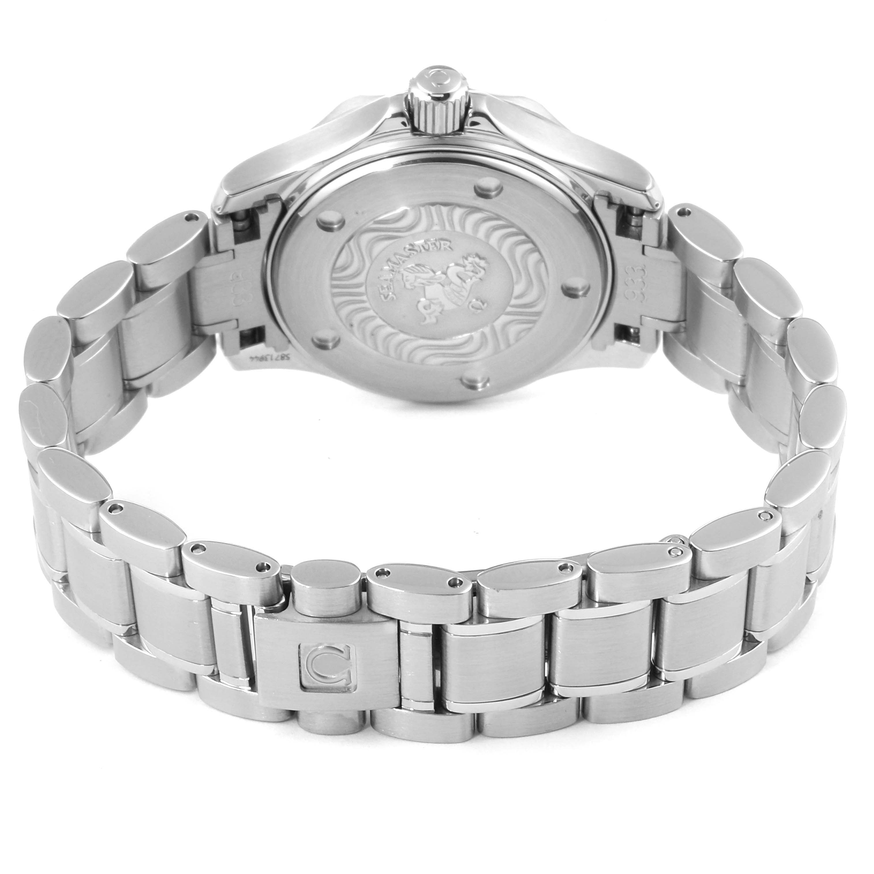 This image shows the back view of the Omega 2284.50.00 Women's Stainless Steel Black Dial 2284.50.00 Women's Stainless Steel Black Dial Seamaster Diver 300M 28mm Steel Ladies Watch 2284.50.00 featuring its case back and bracelet.