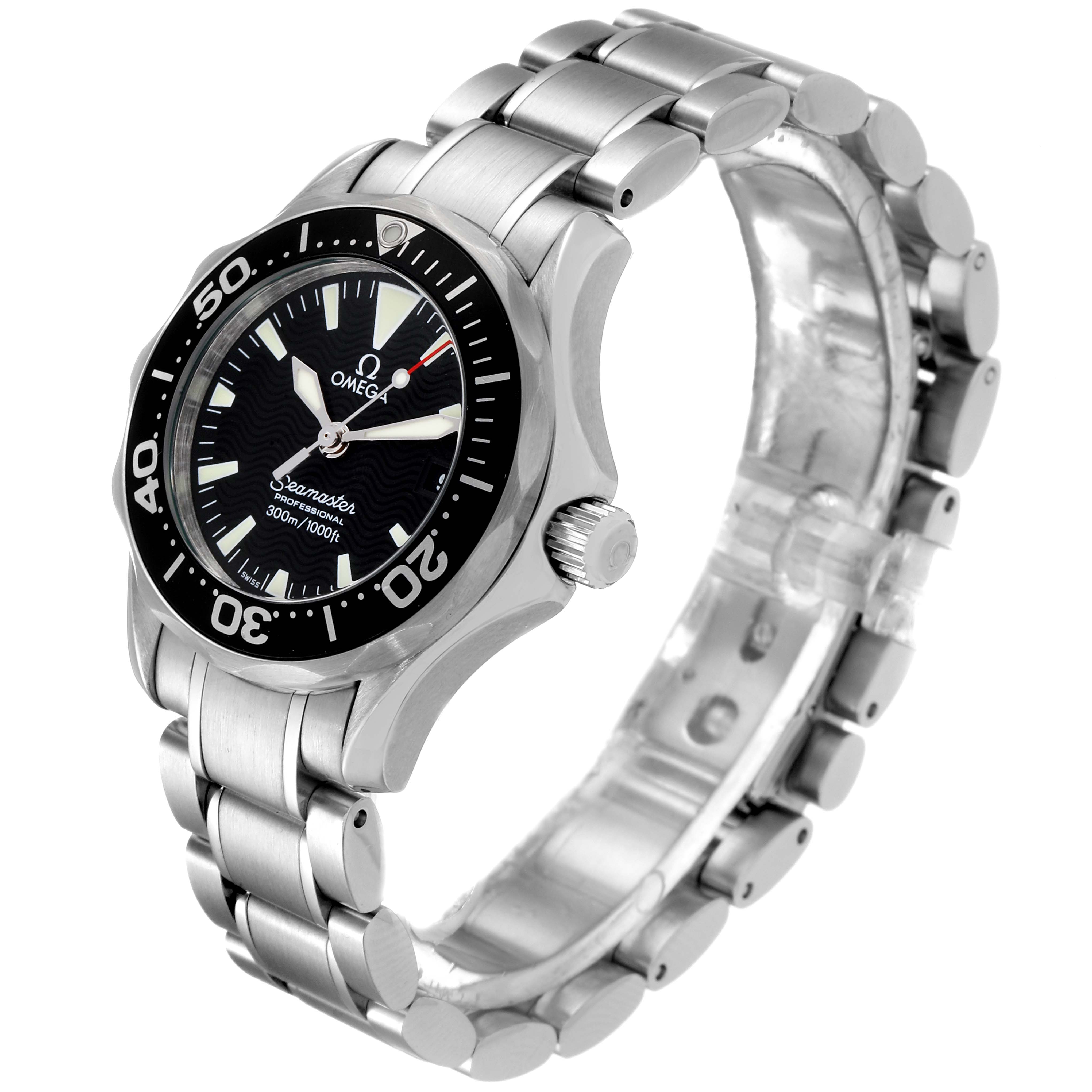 The image shows an Omega 2284.50.00 Women's Stainless Steel Black Dial 2284.50.00 Women's Stainless Steel Black Dial Seamaster Diver 300M 28mm Steel Ladies Watch model 2284.50.00, angled to display its face and bracelet.