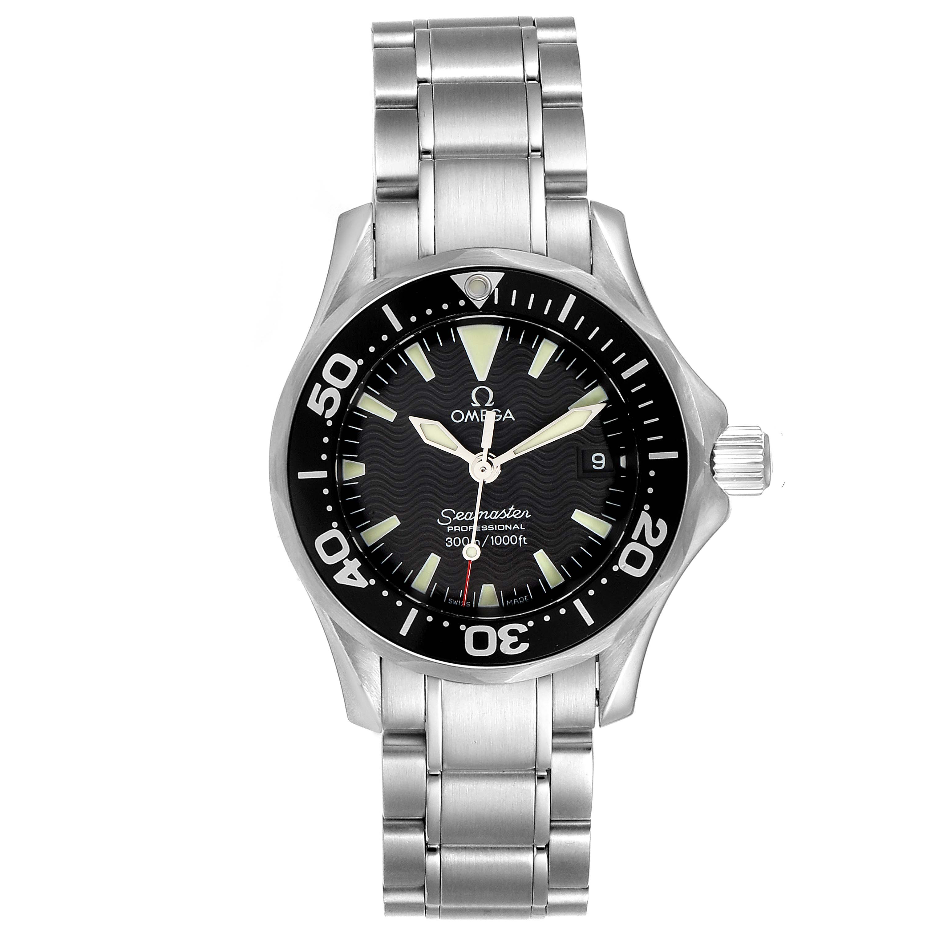 The image shows a front view of the Omega 2284.50.00 Women's Stainless Steel Black Dial 2284.50.00 Women's Stainless Steel Black Dial Seamaster Diver 300M 28mm Steel Ladies Watch 2284.50.00, displaying the face, bezel, and bracelet.