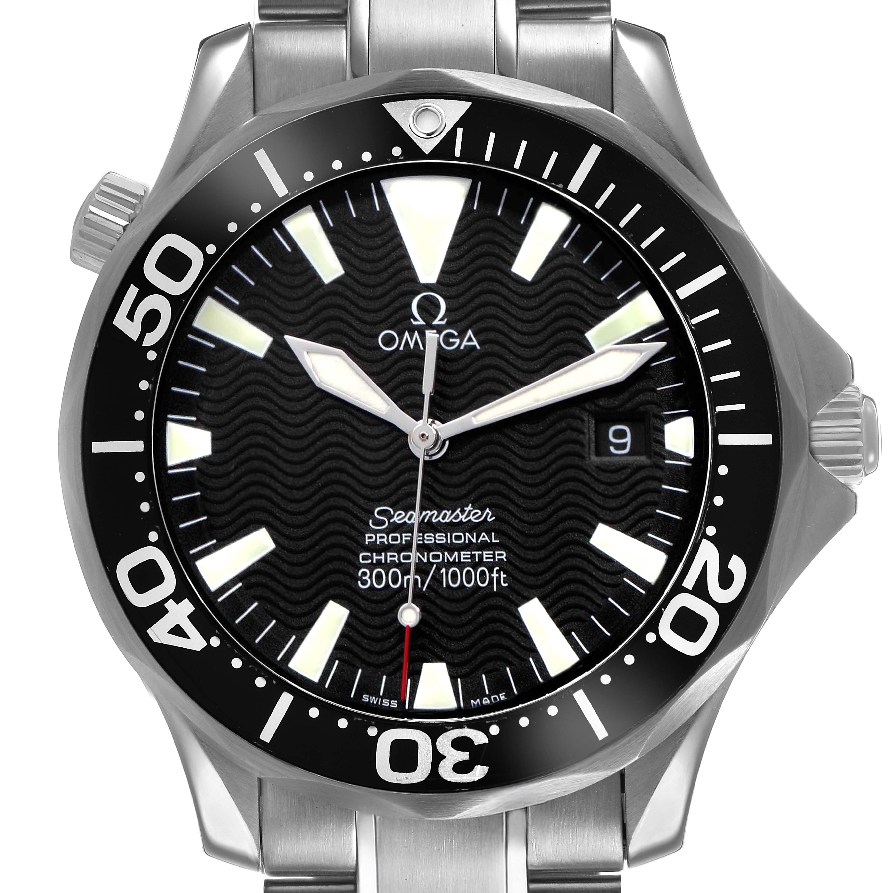 The Omega Seamaster 2254.50.00 Men's Stainless Steel Black Dial watch is shown from a front angle, highlighting the dial, bezel, case, and part of the bracelet.