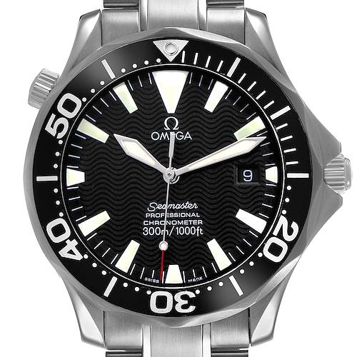 The Omega Seamaster 2254.50.00 Men's Stainless Steel Black Dial watch is shown from a front angle, highlighting the bezel, dial, and part of the bracelet.